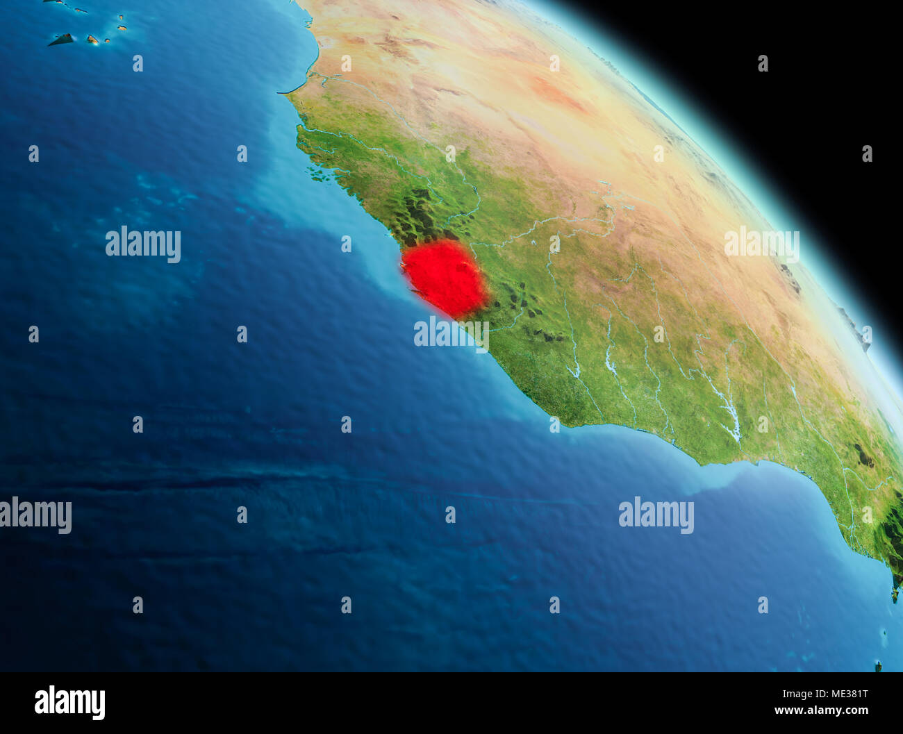 Satellite morning view of Sierra Leone highlighted in red on planet ...