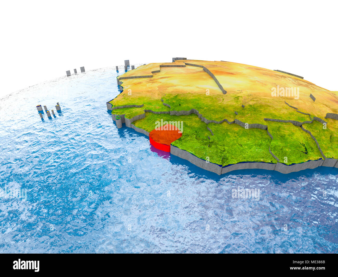 Sierra Leone highlighted in red on globe with realistic land surface ...