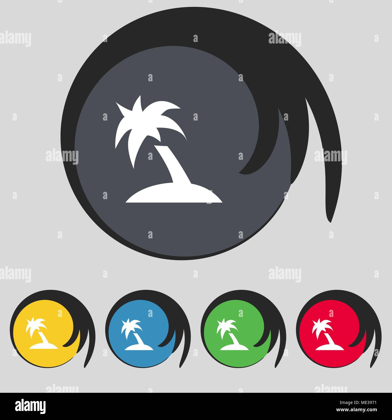 Palm Tree, Travel trip icon sign. Symbol on five colored buttons ...