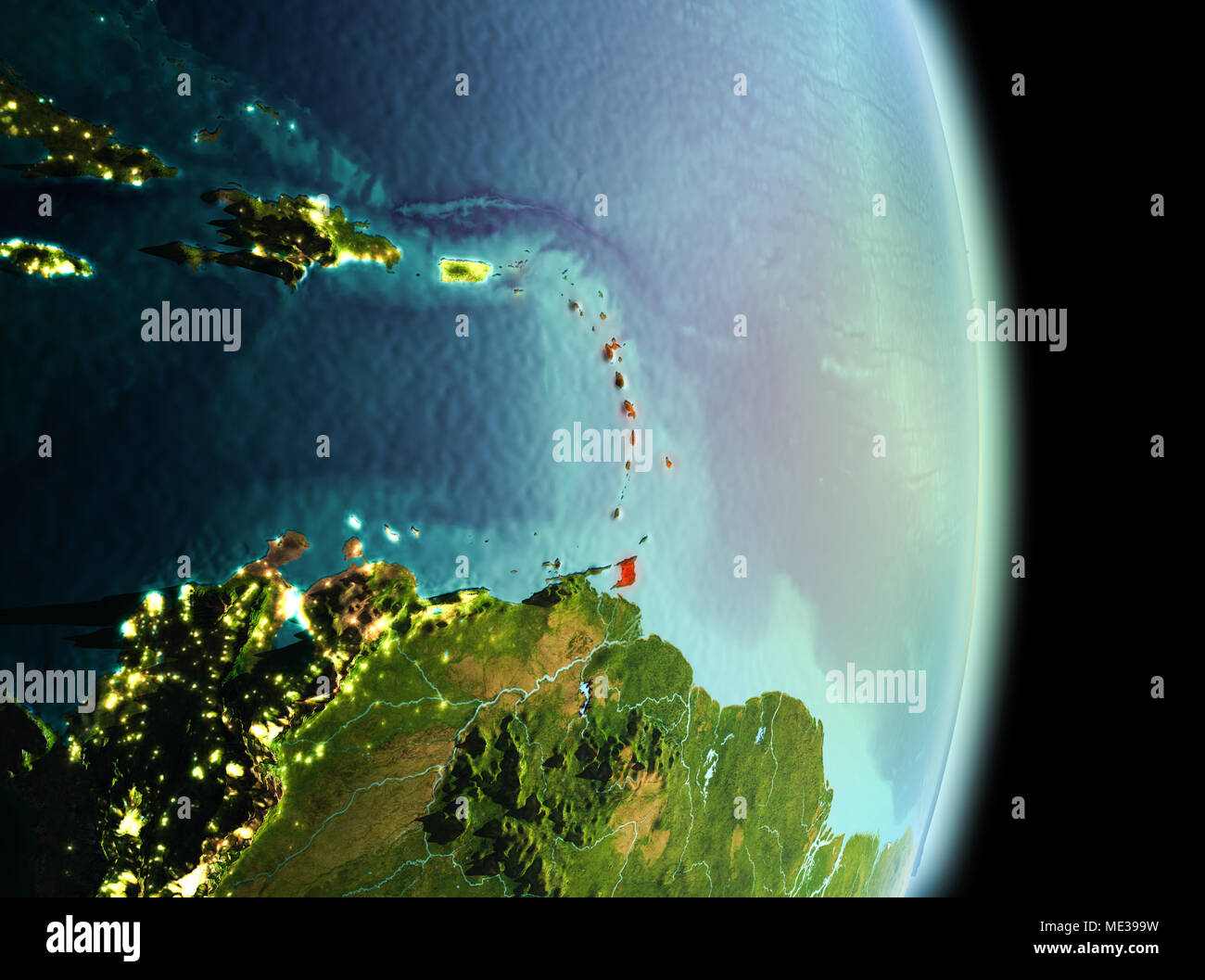 Early morning view of Caribbean highlighted in red on planet Earth. 3D ...