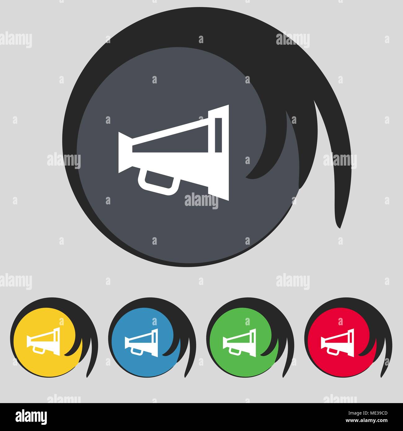 Megaphone soon, Loudspeaker icon sign. Symbol on five colored buttons ...