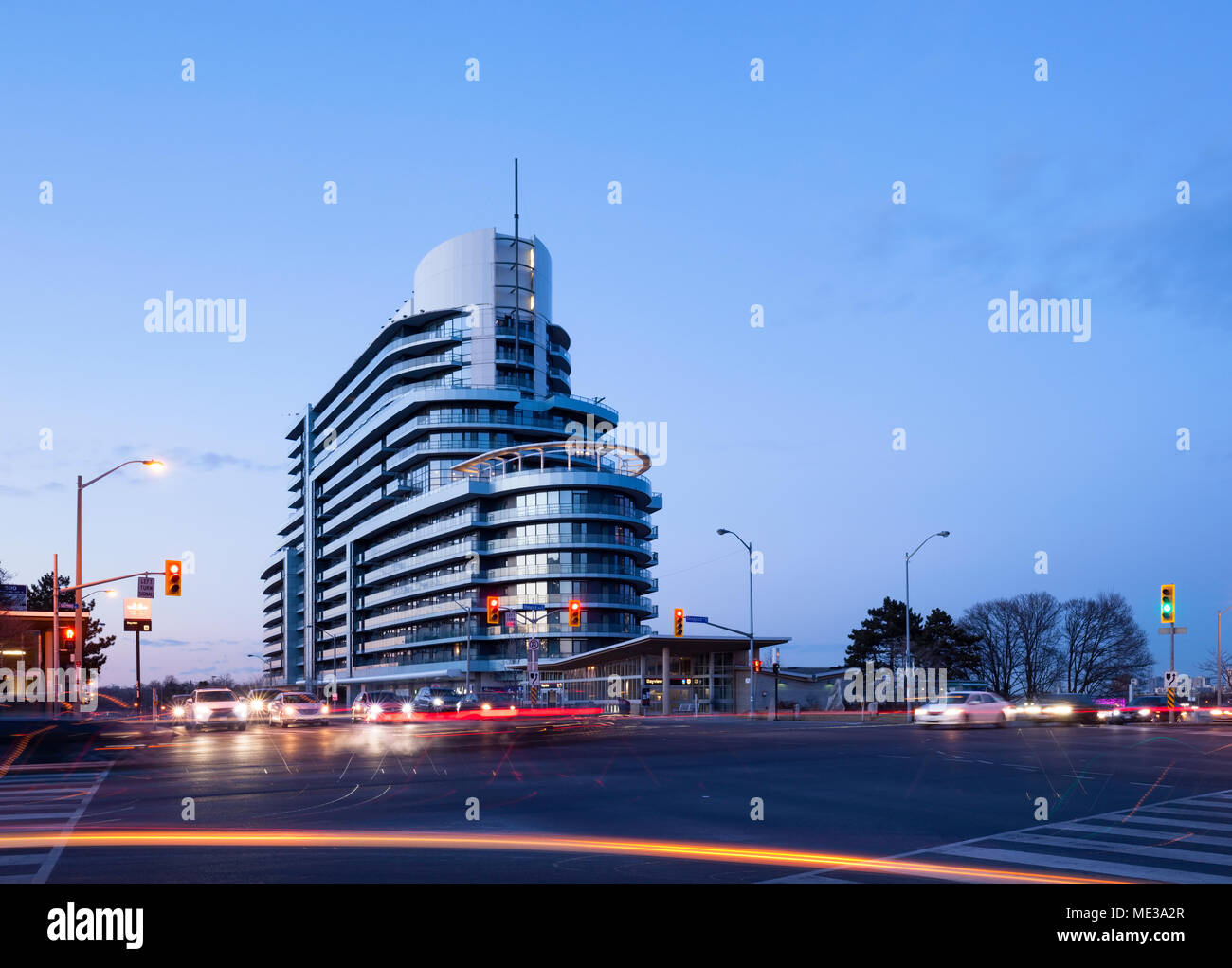Daniel's' Arc Condos at Bayview Village at Sheppard Avenue E and Bayview Avenue at dusk in Toronto, Ontario, Canada. Stock Photo