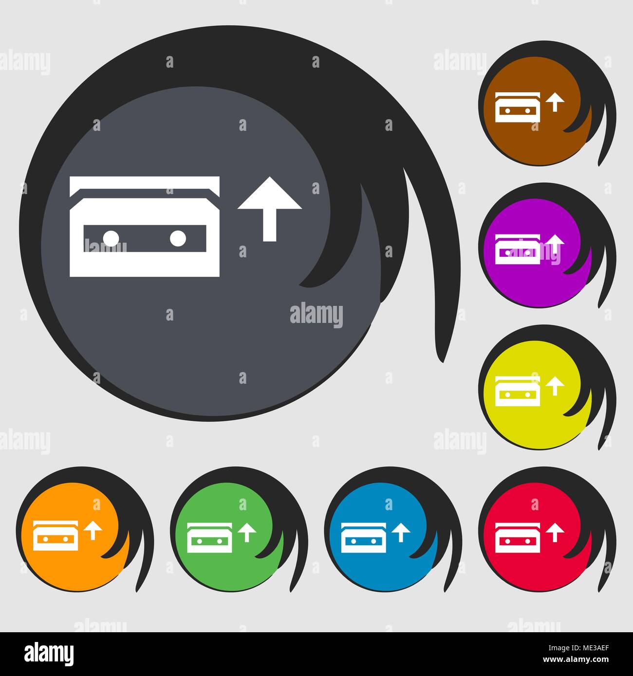 audio cassette icon sign. Symbol on eight colored buttons. Vector ...