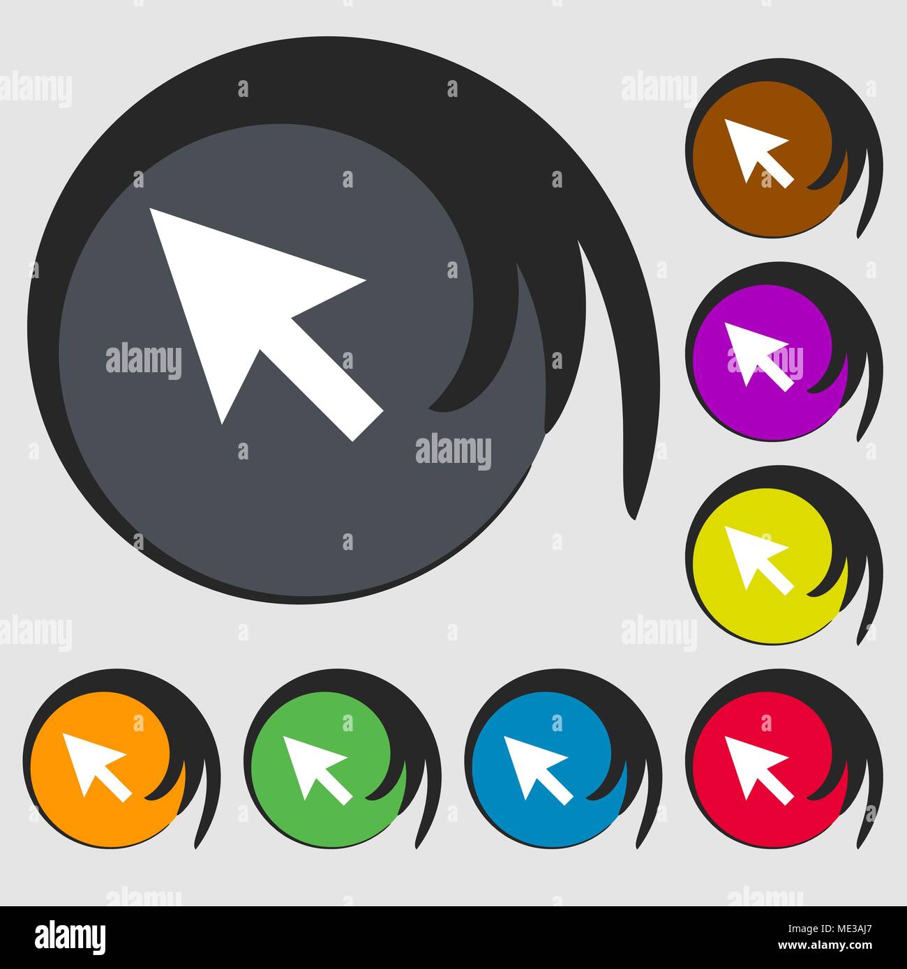 arrow cursor, computer mouse icon sign. Symbol on eight colored buttons. Vector illustration Stock Vector