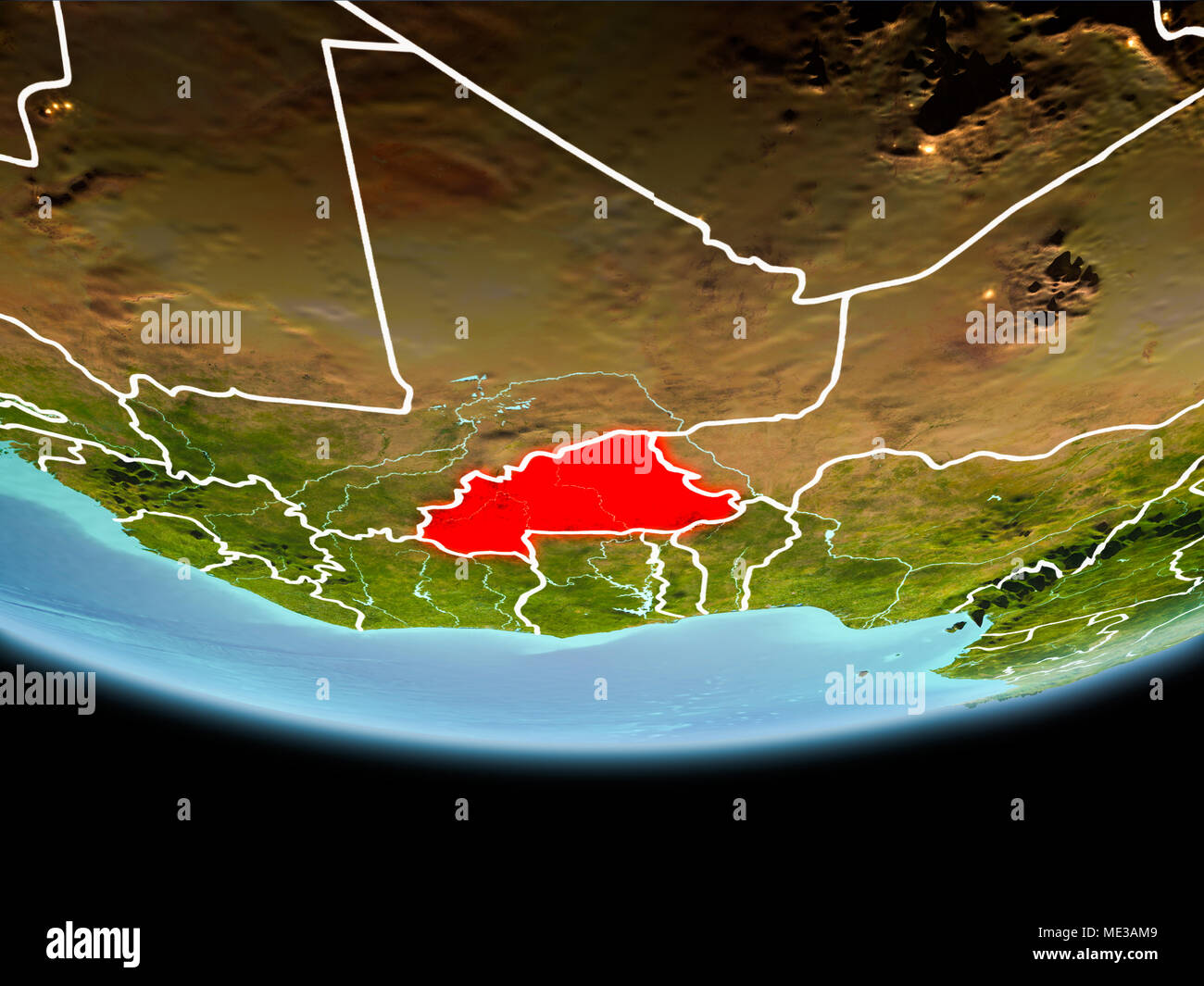 Country of Burkina Faso in red on planet Earth in the evening with ...