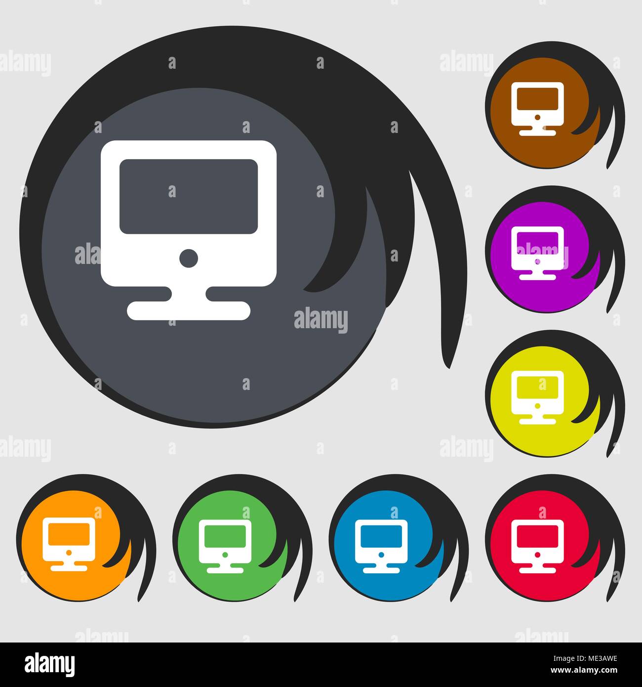 monitor icon sign. Symbol on eight colored buttons. Vector illustration ...