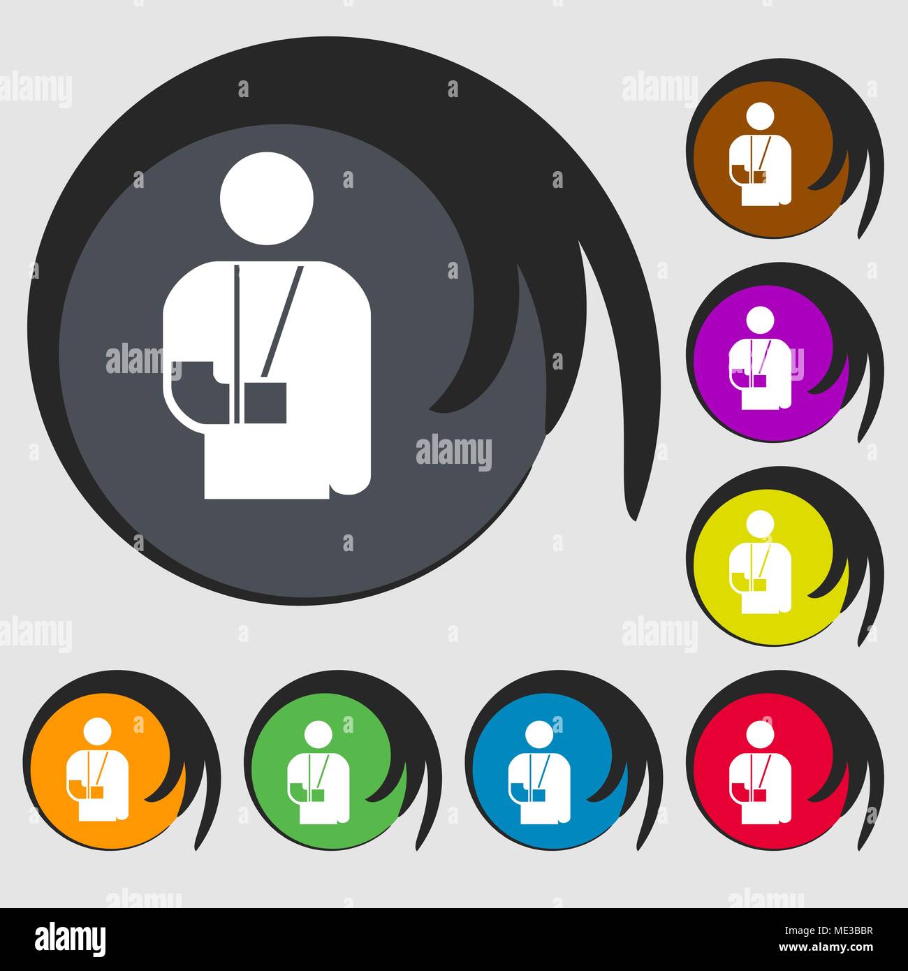 broken arm, disability icon sign. Symbol on eight colored buttons