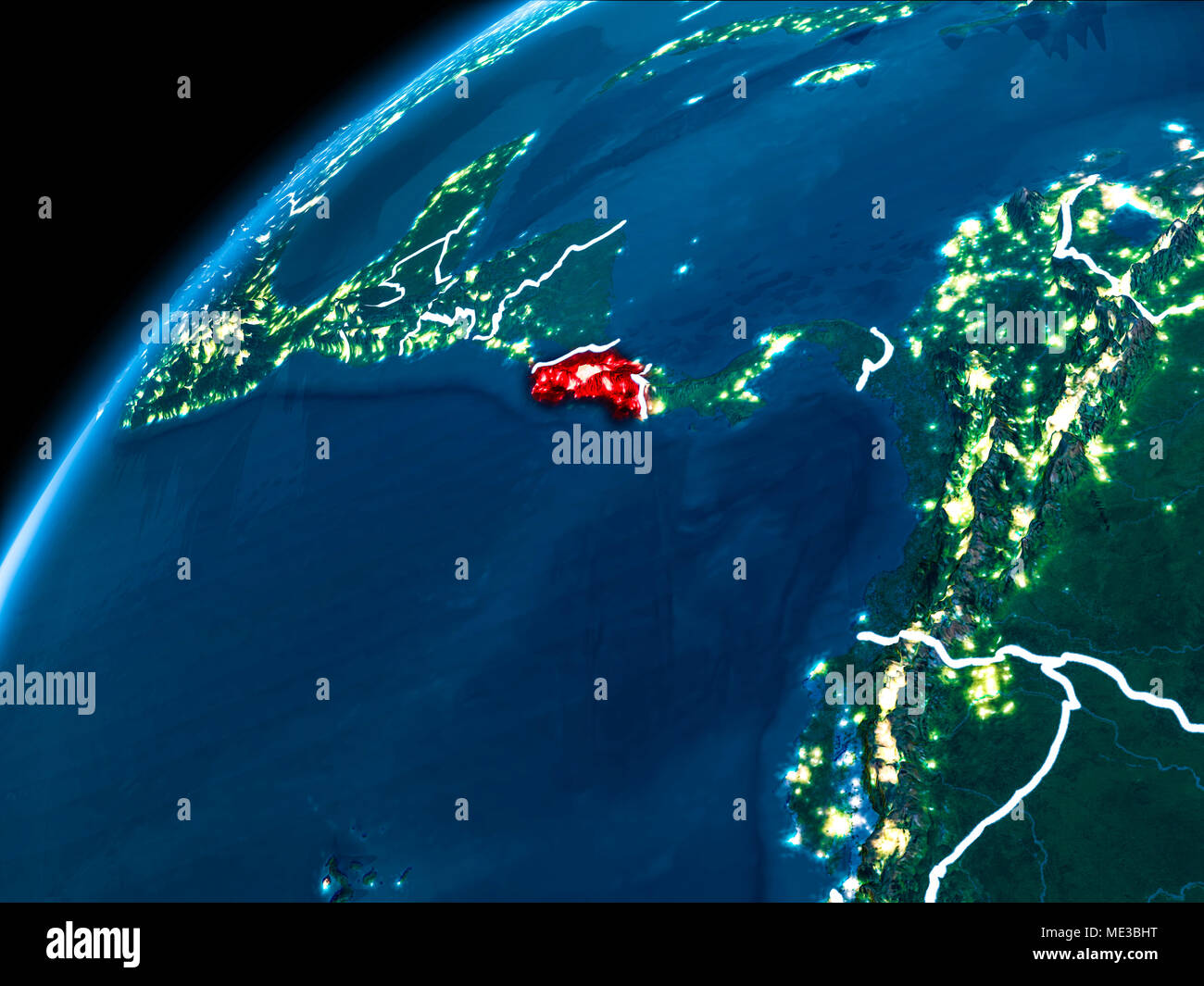 Costa Rica highlighted in red from Earth’s orbit at night with visible ...