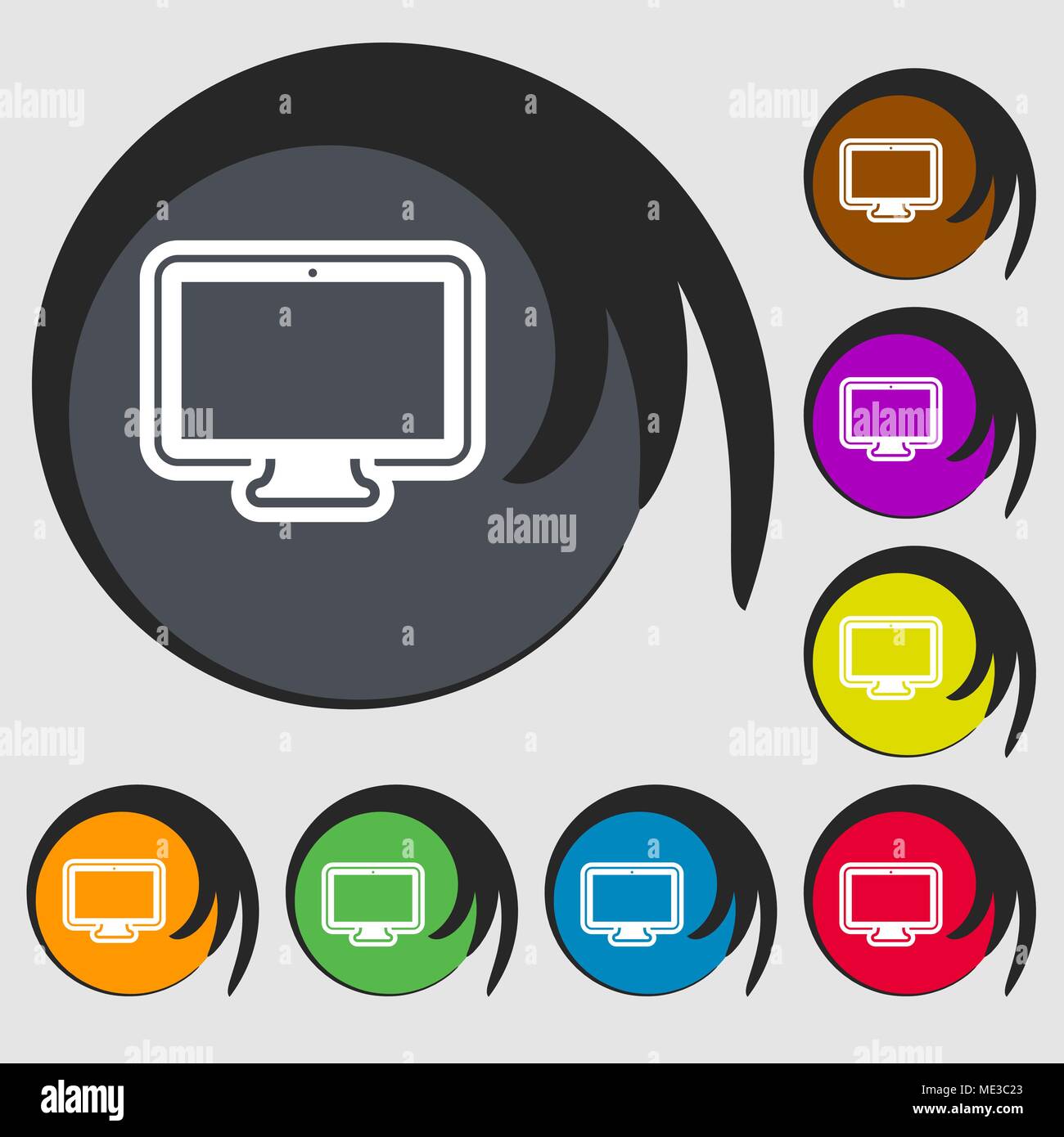monitor icon sign. Symbol on eight colored buttons. Vector illustration ...