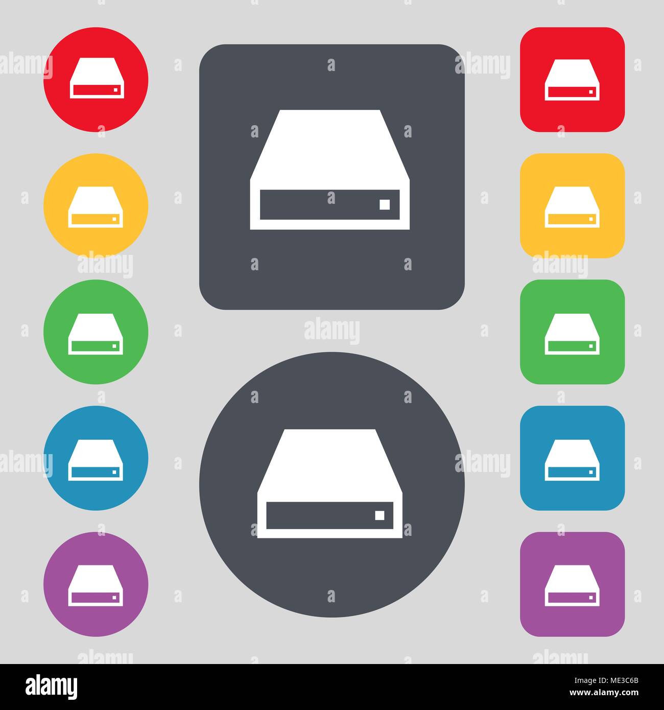 CD-ROM icon sign. A set of 12 colored buttons. Flat design. Vector ...