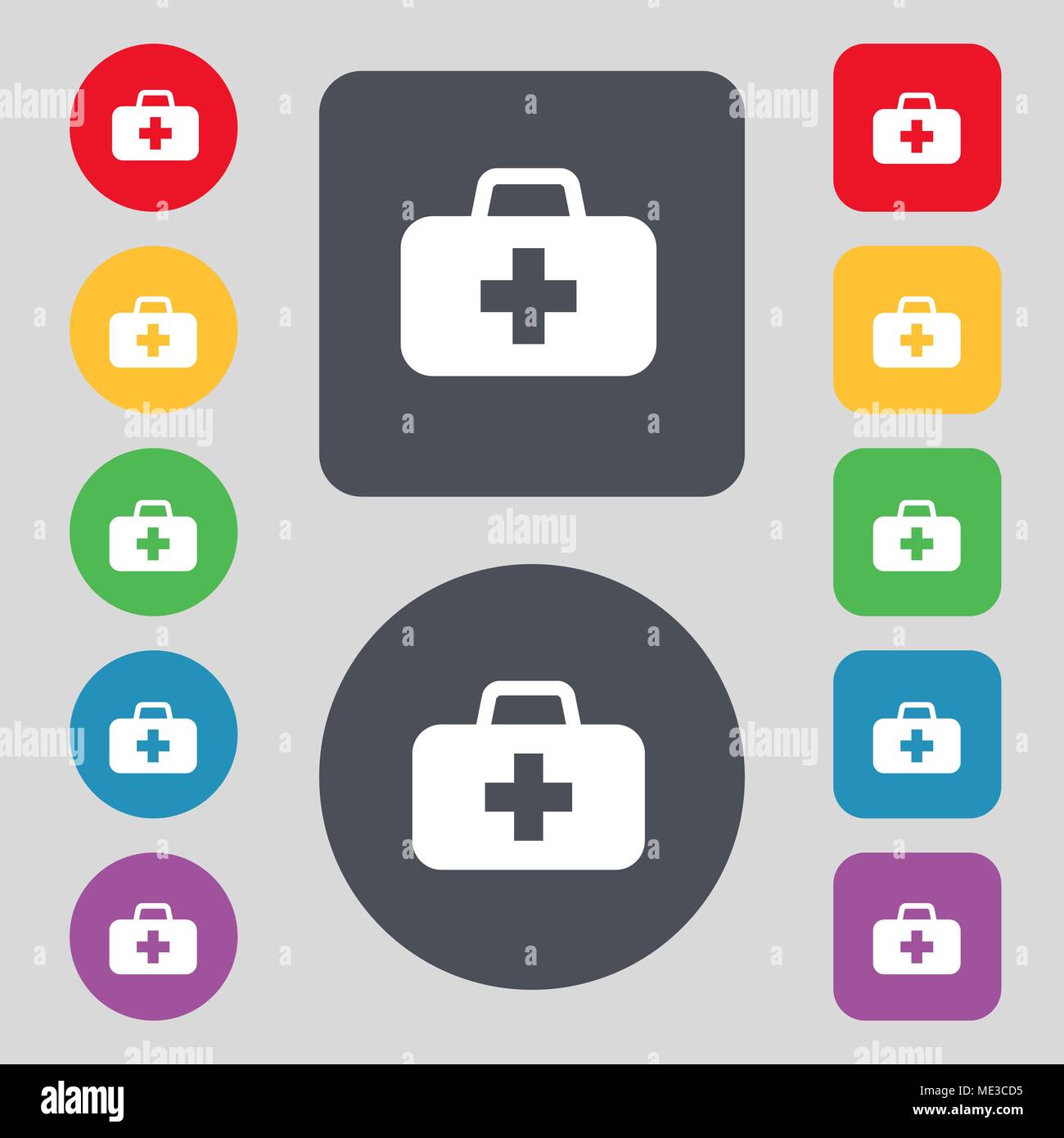 medicine chest icon sign. A set of 12 colored buttons. Flat design ...