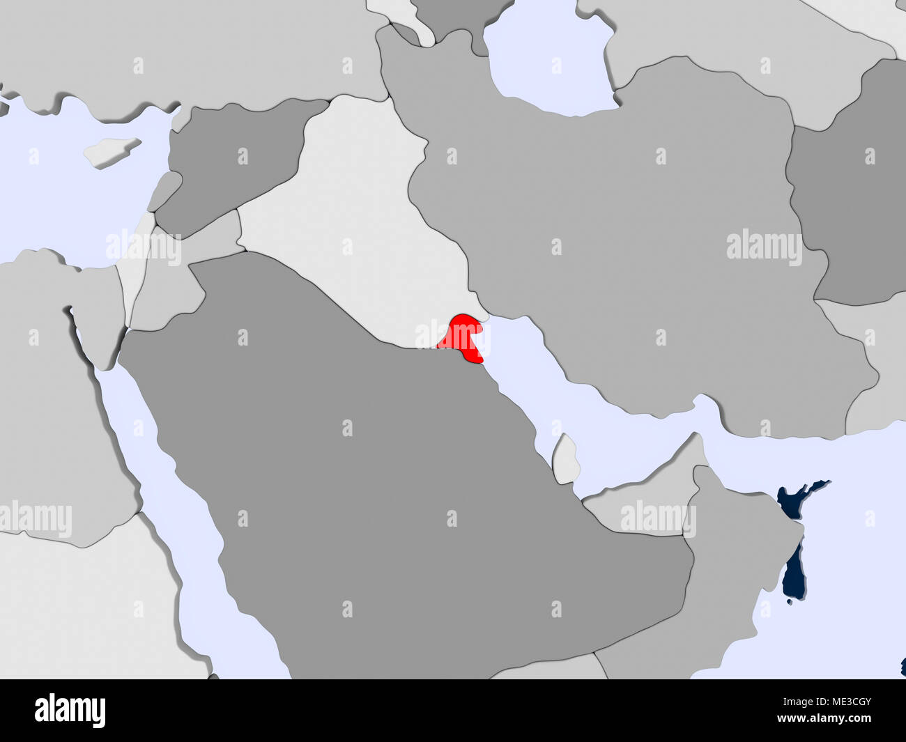 Kuwait in red on political map with transparent oceans. 3D illustration ...