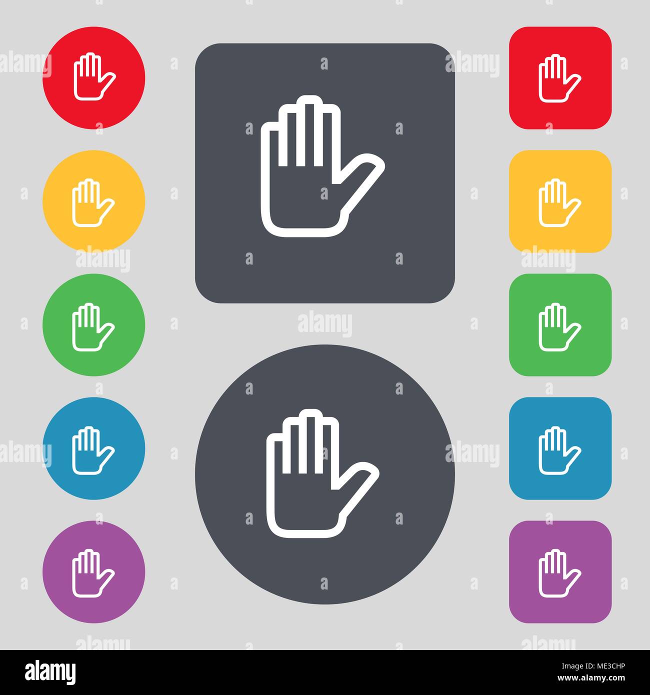 Hand print, Stop icon sign. A set of 12 colored buttons. Flat design ...