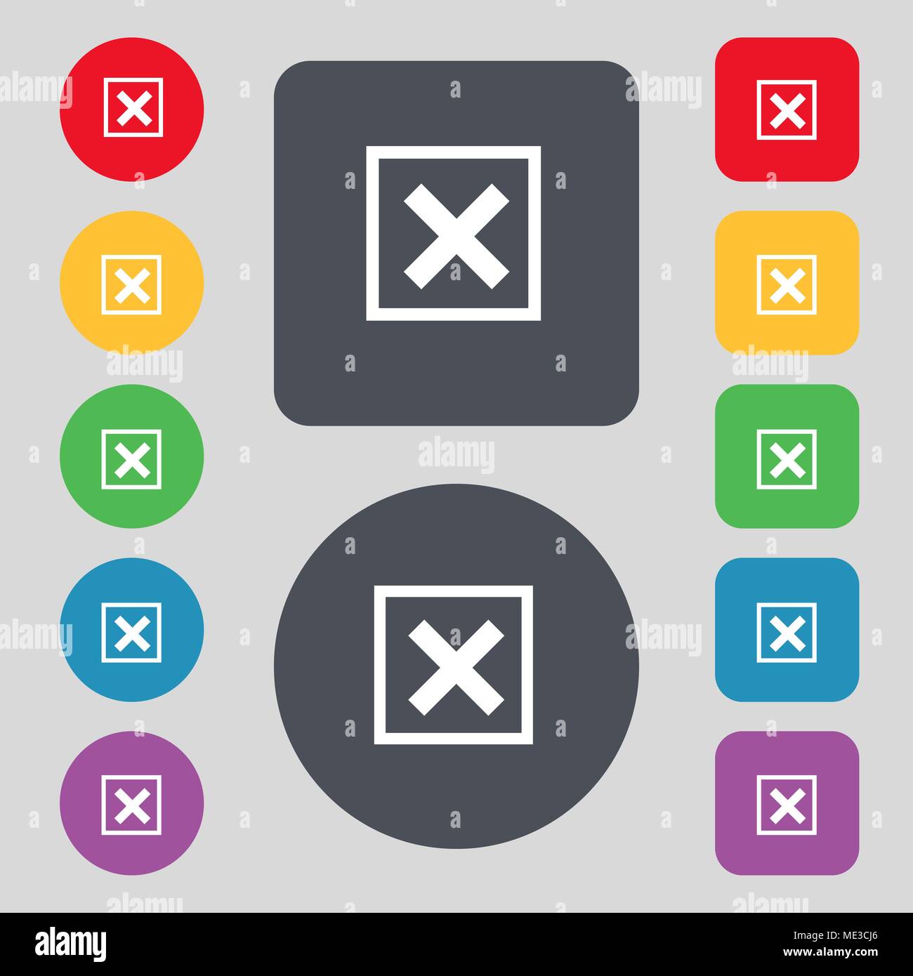 Cancel icon sign. A set of 12 colored buttons. Flat design. Vector ...