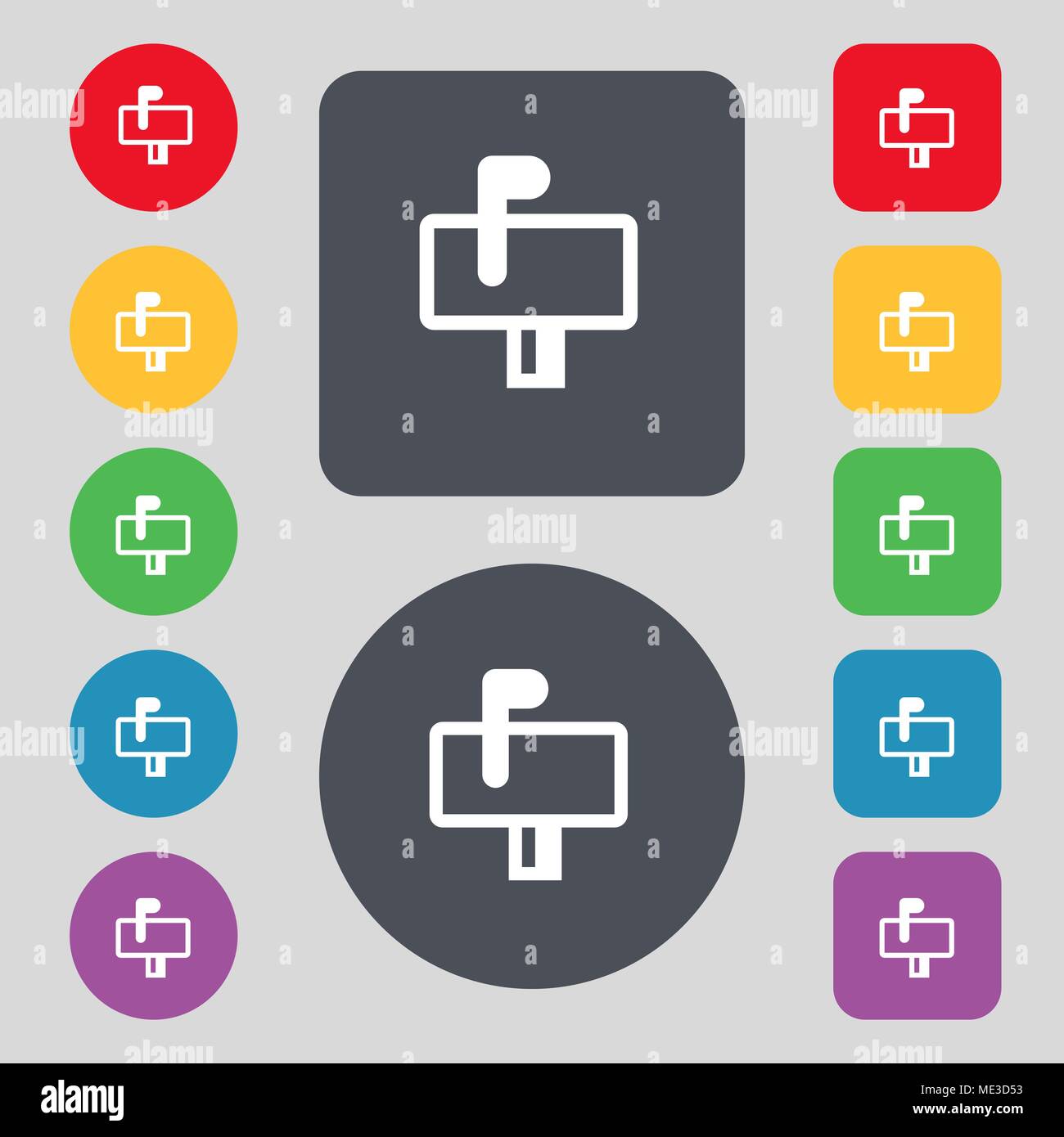 Mailbox icon sign. A set of 12 colored buttons. Flat design. Vector ...