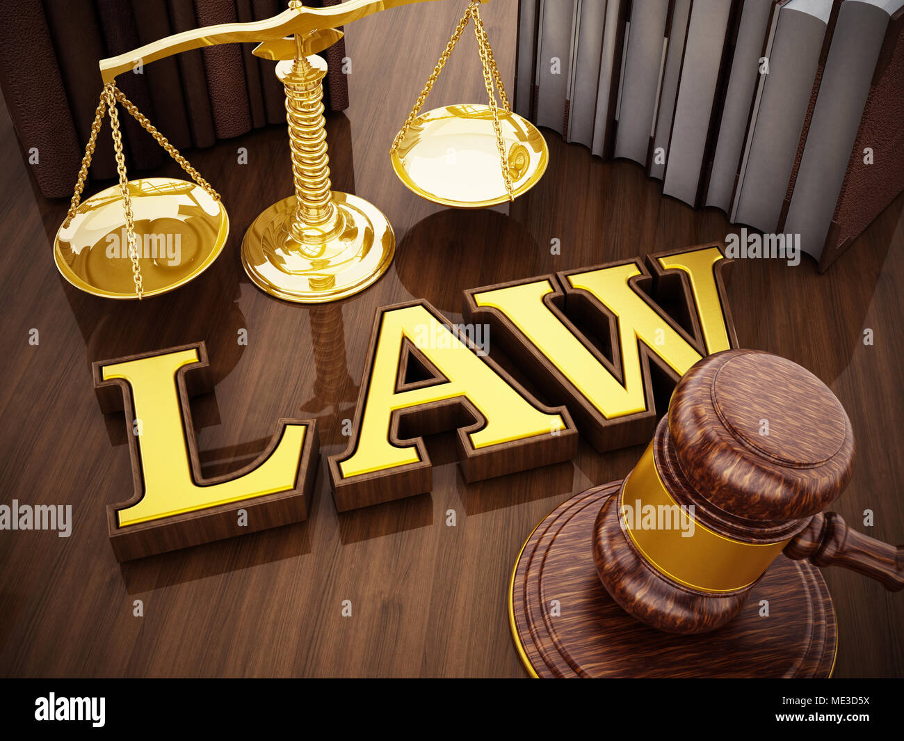 Law word, gavel and balanced scale on wooden table. 3D illustration