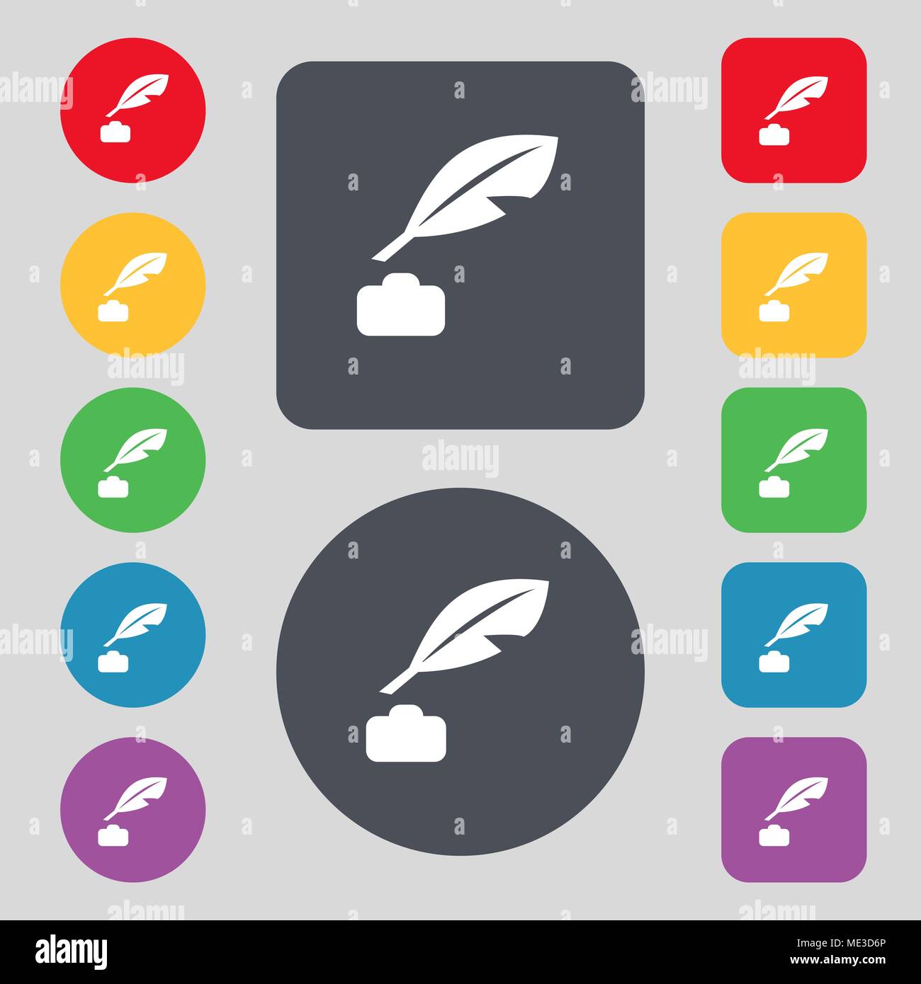 Feather, Retro pen icon sign. A set of 12 colored buttons. Flat design ...