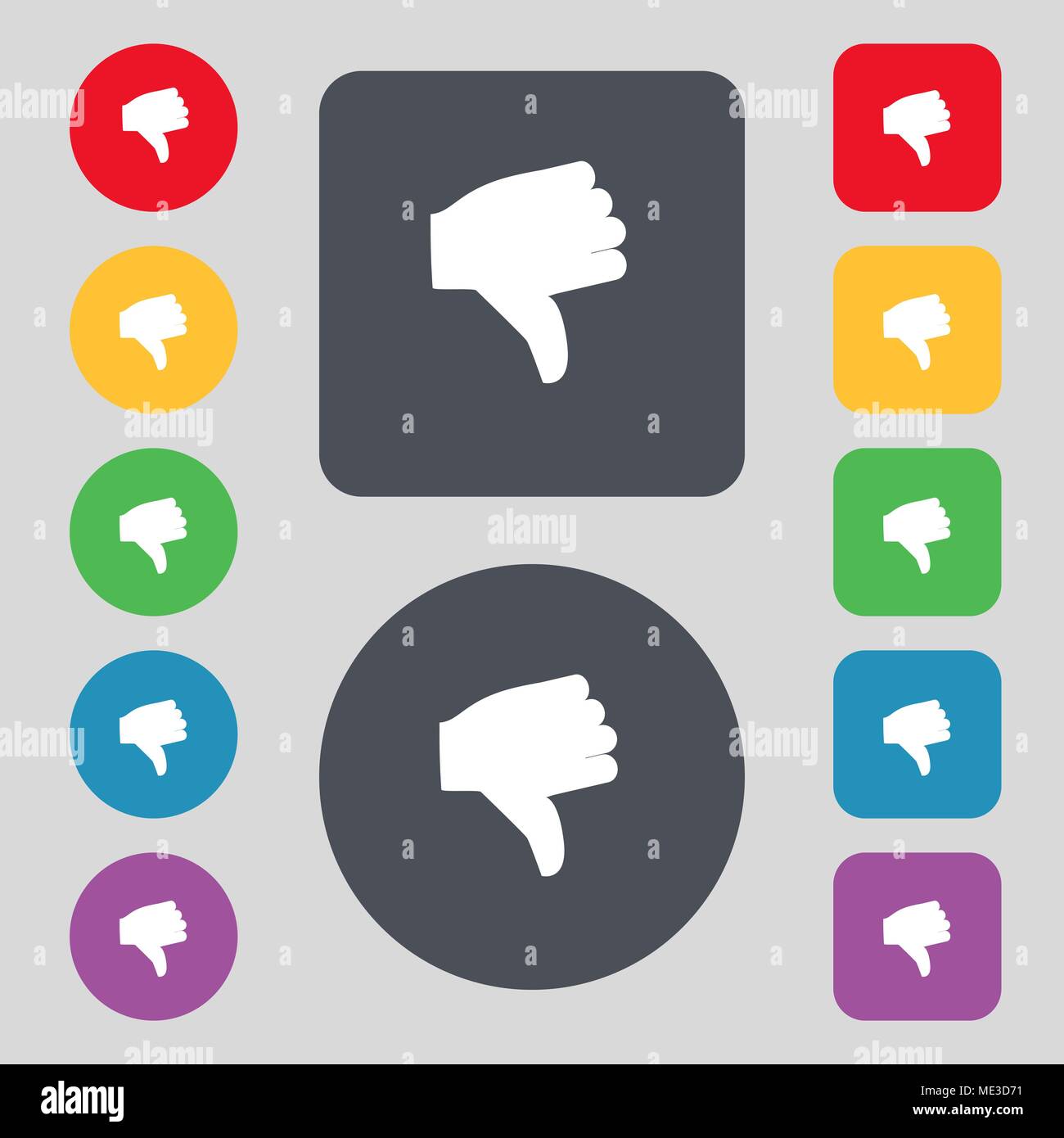 Dislike, Thumb down icon sign. A set of 12 colored buttons. Flat design ...