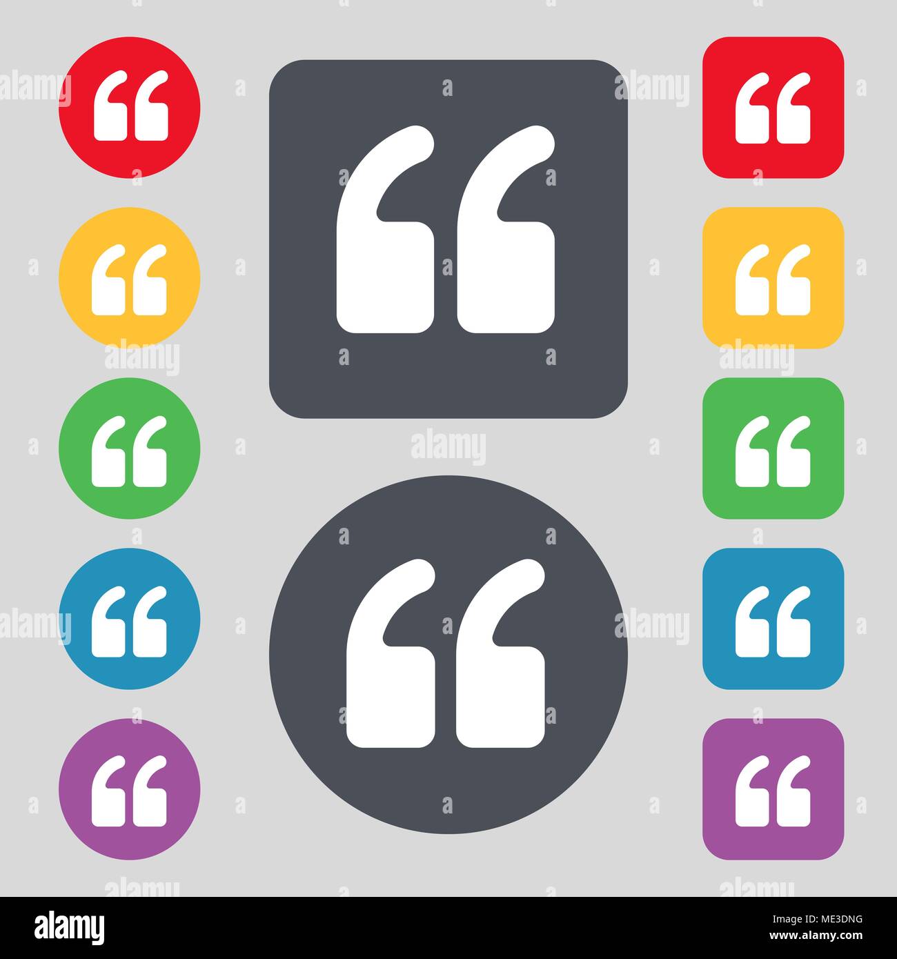 Double quotes at the beginning of words icon sign. A set of 12 colored