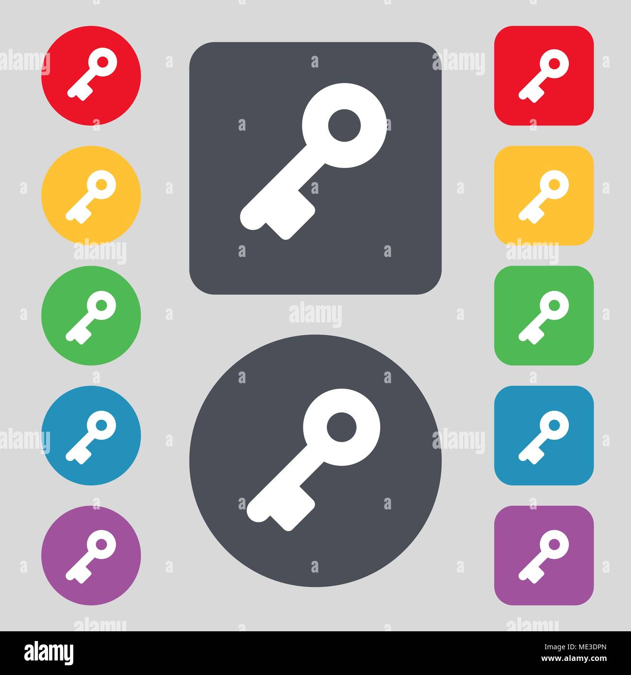 Key icon sign. A set of 12 colored buttons. Flat design. Vector ...