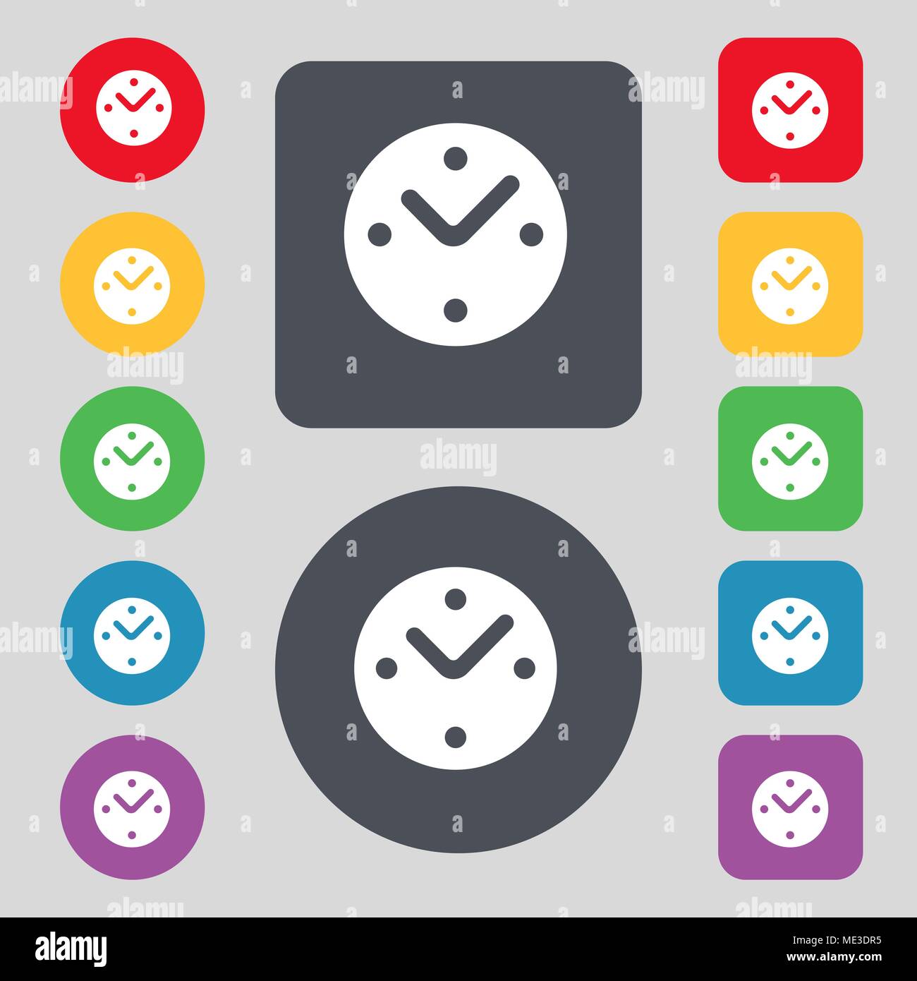 Mechanical Clock icon sign. A set of 12 colored buttons. Flat design ...