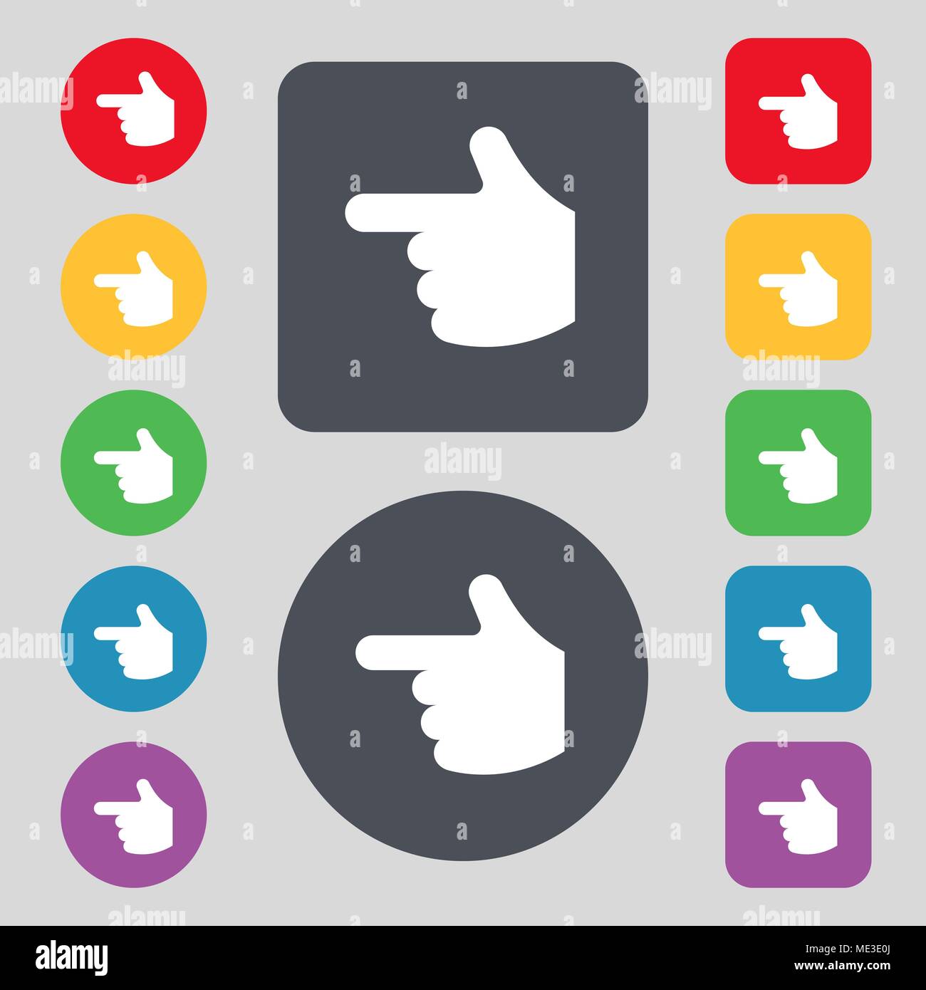 pointing hand icon sign. A set of 12 colored buttons. Flat design ...