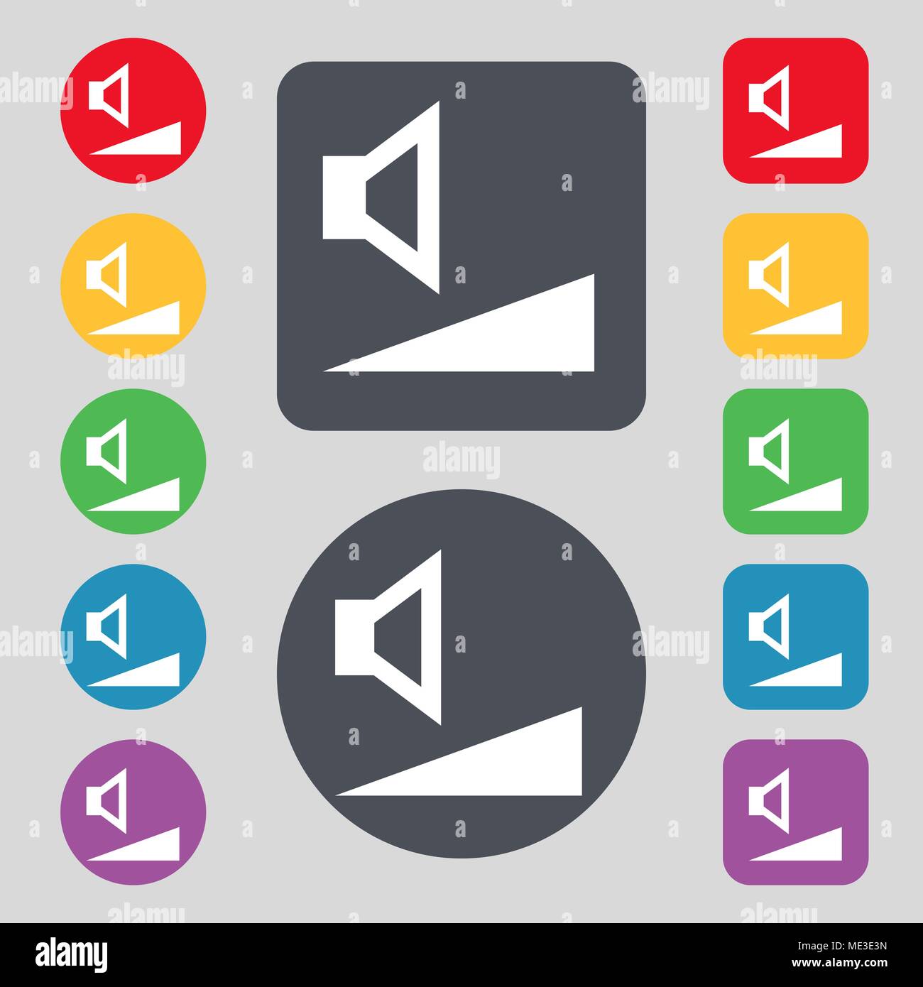 volume, sound icon sign. A set of 12 colored buttons. Flat design ...