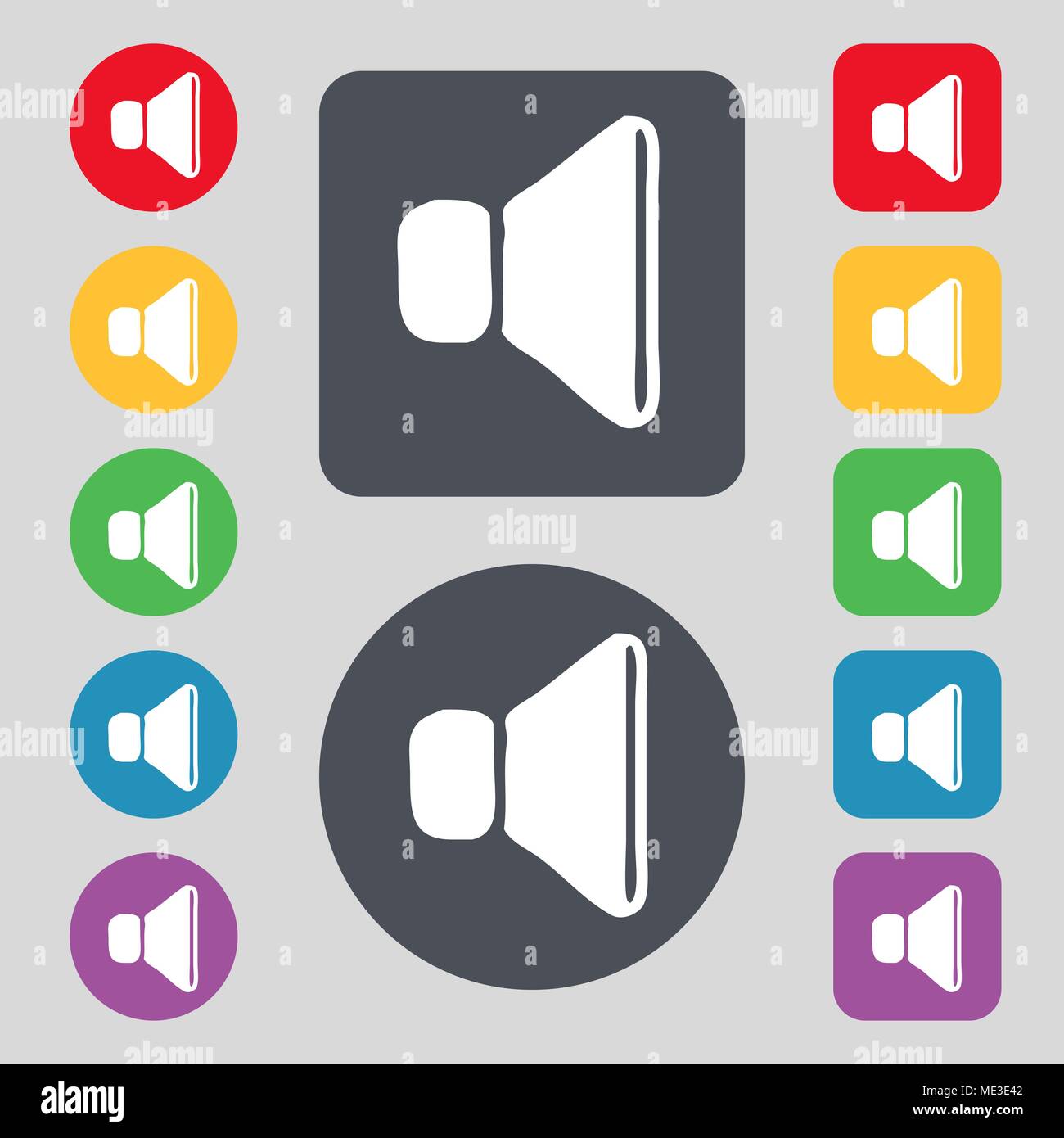volume, sound icon sign. A set of 12 colored buttons. Flat design ...