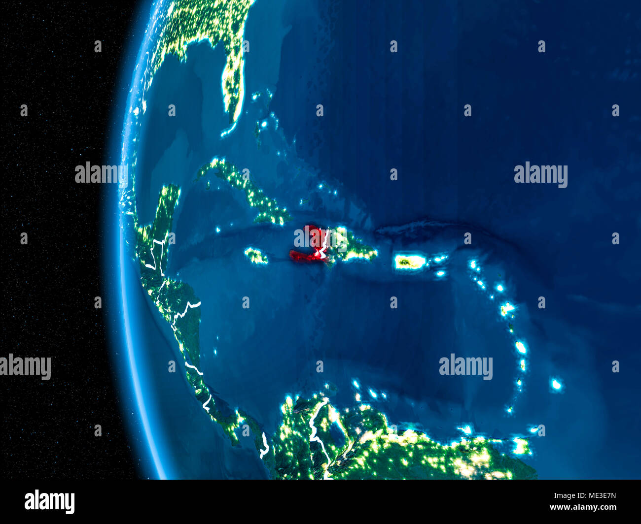 Space orbit view of Haiti highlighted in red on planet Earth at night ...