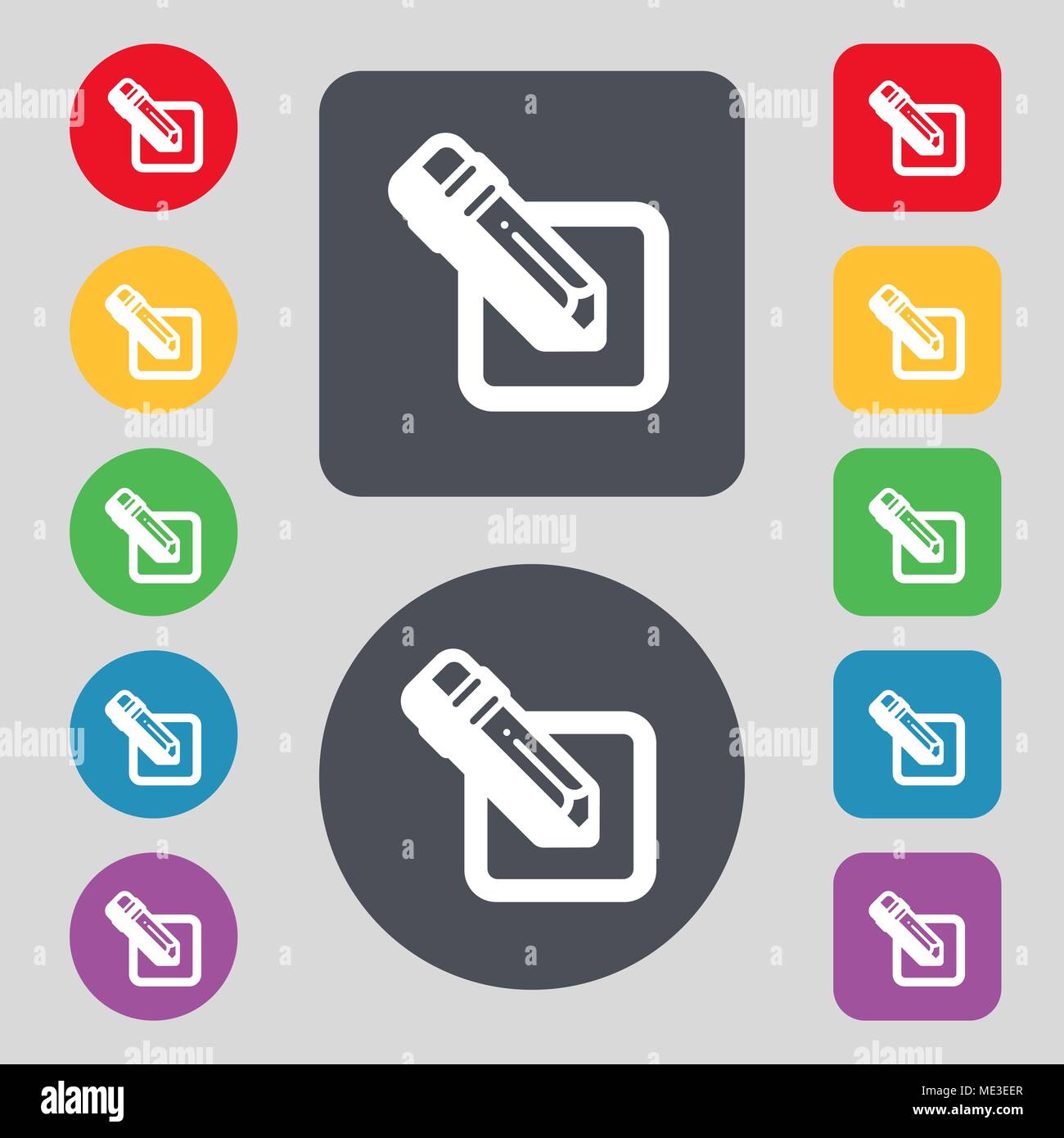 pencil icon sign. A set of 12 colored buttons. Flat design. Vector ...