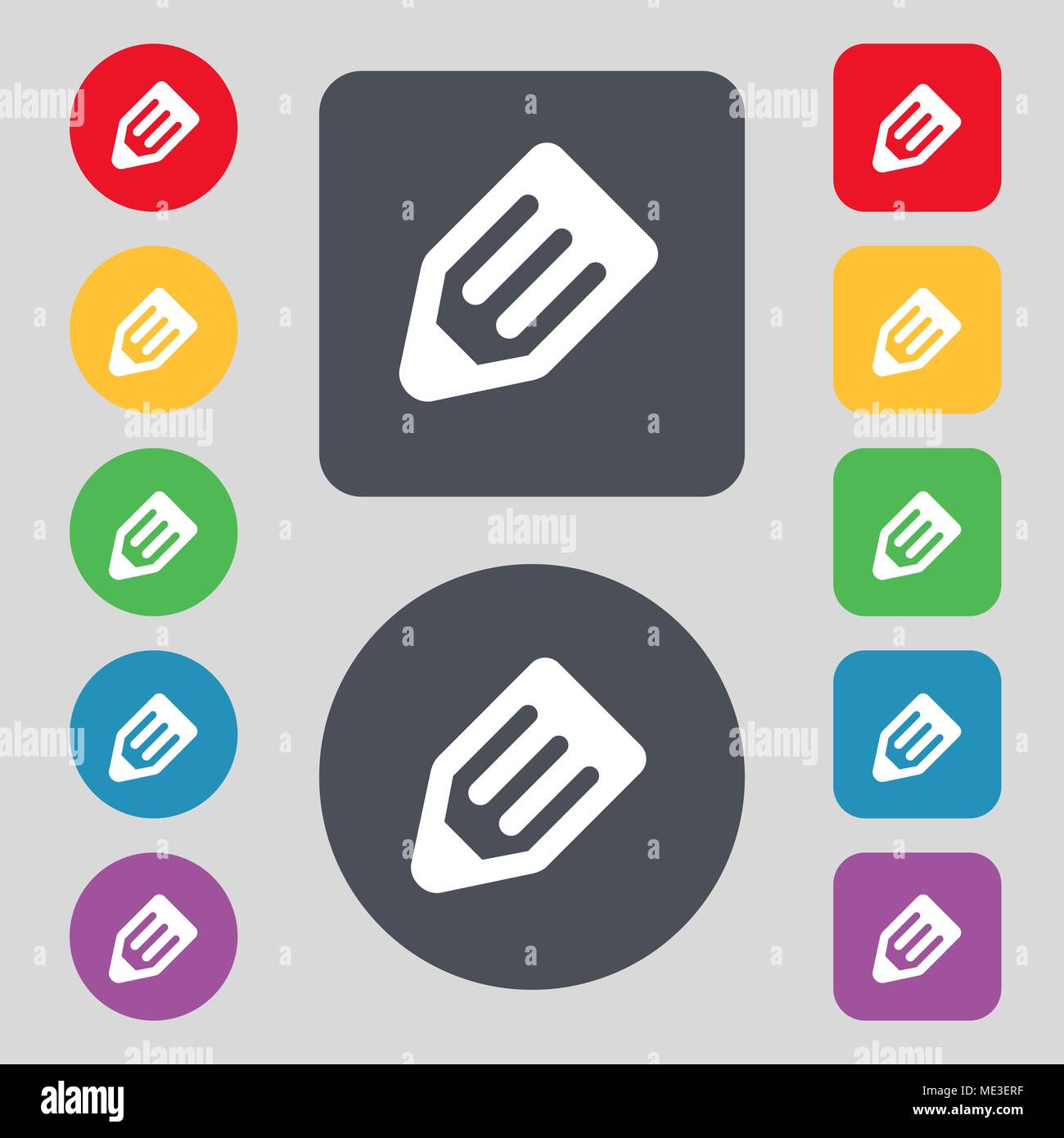pencil icon sign. A set of 12 colored buttons. Flat design. Vector ...