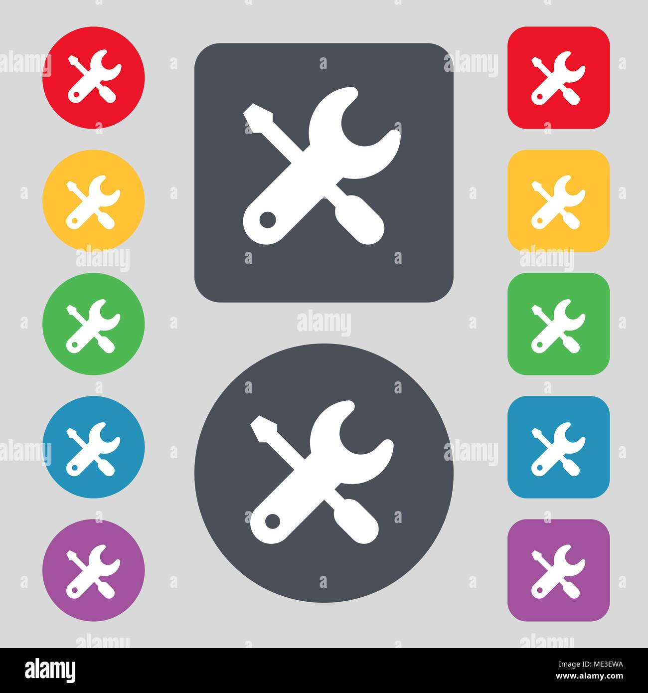 screwdriver, key, settings icon sign. A set of 12 colored buttons. Flat ...