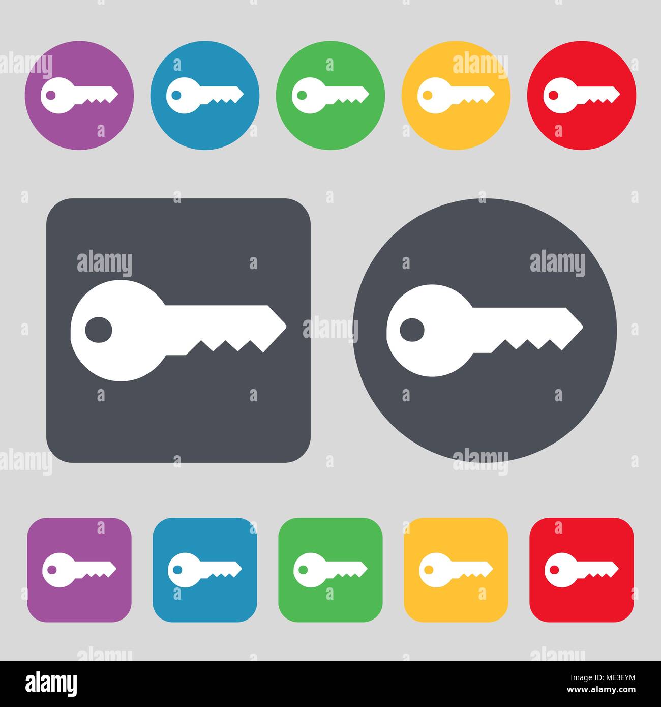 key icon sign. A set of 12 colored buttons. Flat design. Vector ...