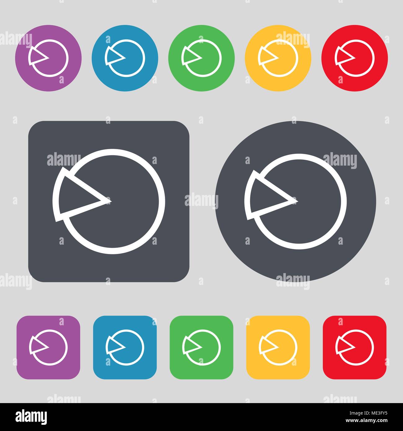 Pie chart graph icon sign. A set of 12 colored buttons. Flat design ...