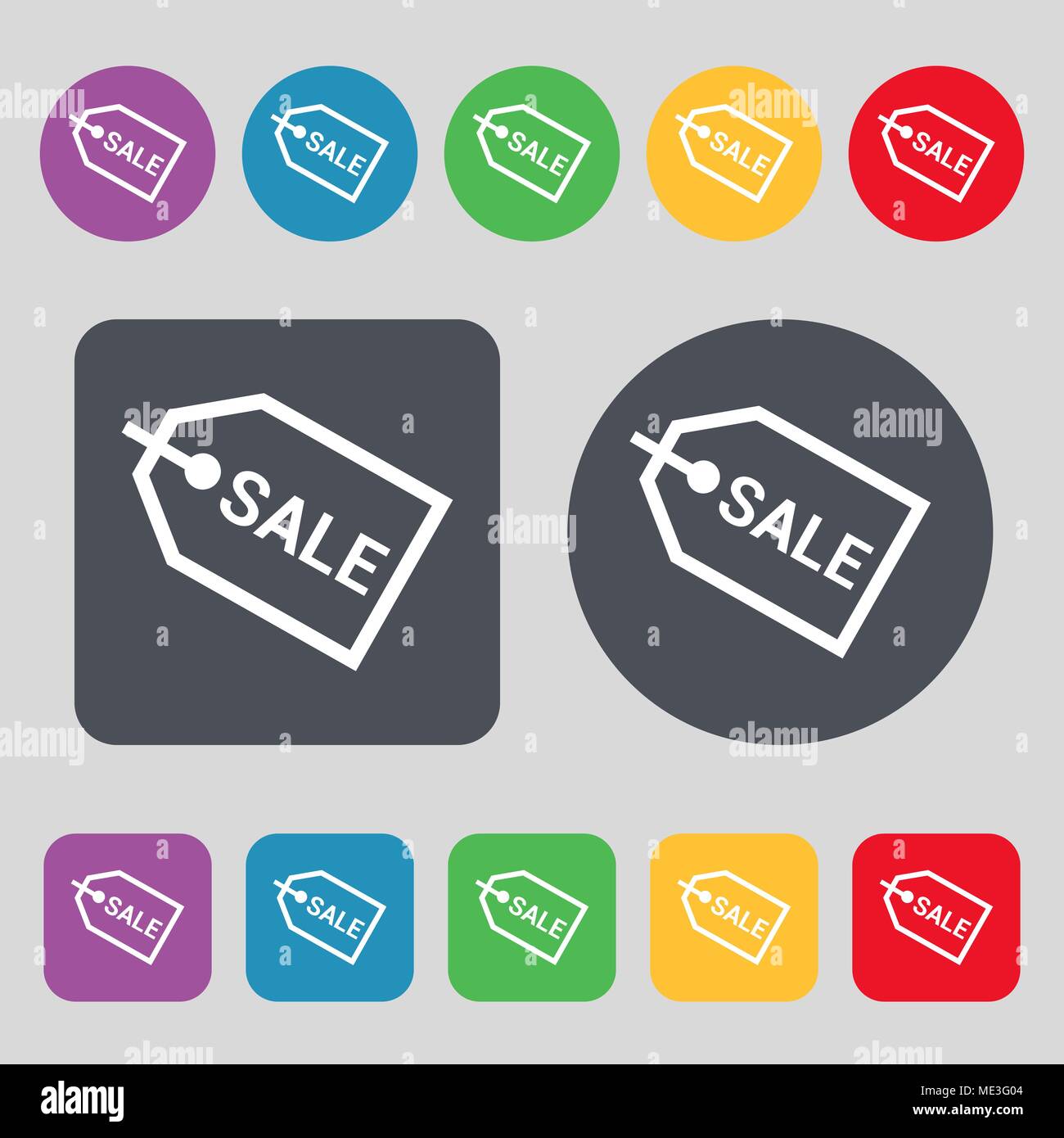 Sale icon sign. A set of 12 colored buttons. Flat design. Vector ...