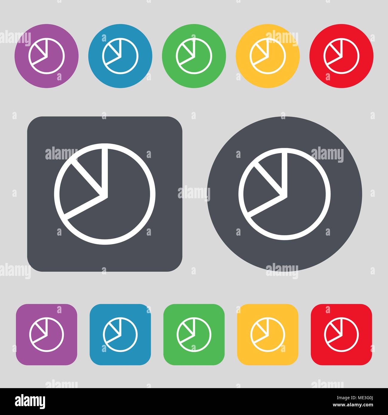 Pie chart graph icon sign. A set of 12 colored buttons. Flat design ...