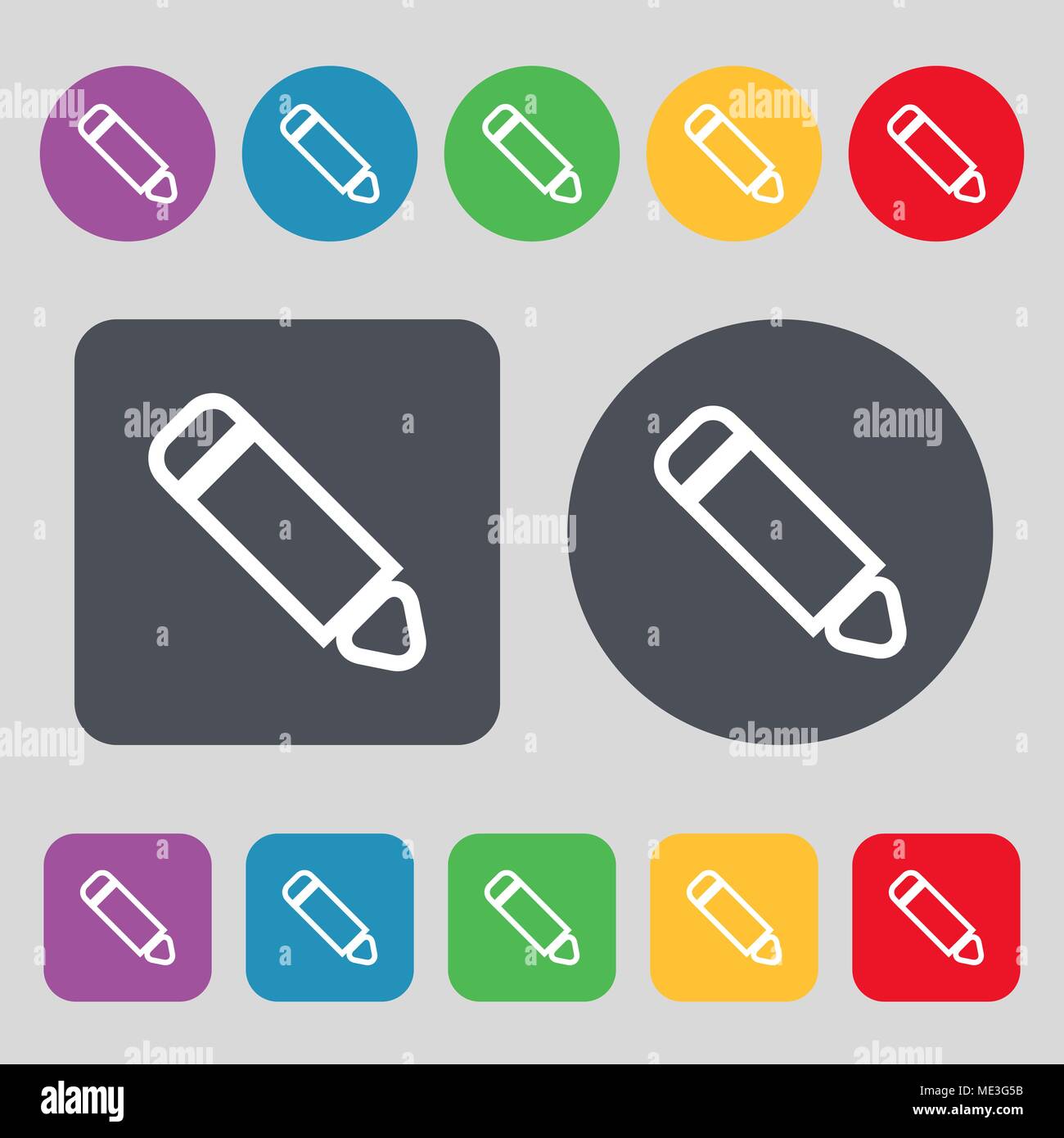 Pen icon sign. A set of 12 colored buttons. Flat design. Vector ...