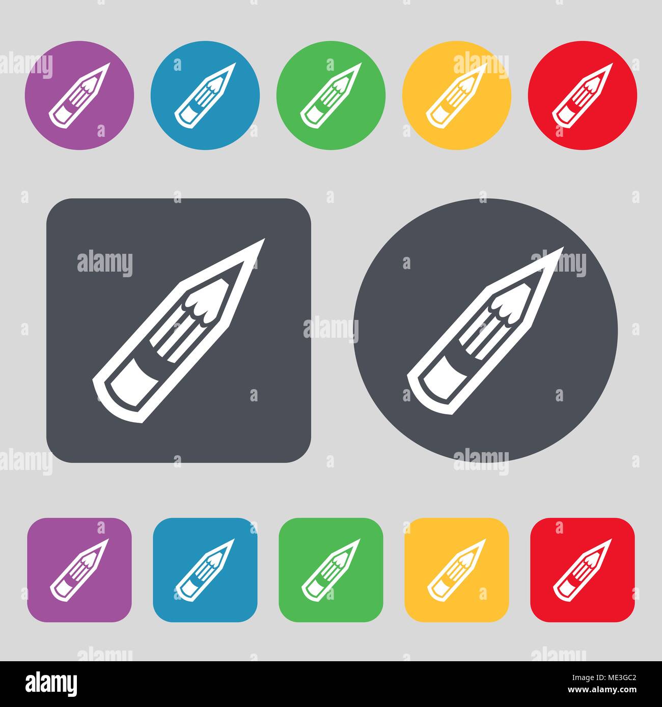 Pencil icon sign. A set of 12 colored buttons. Flat design. Vector ...