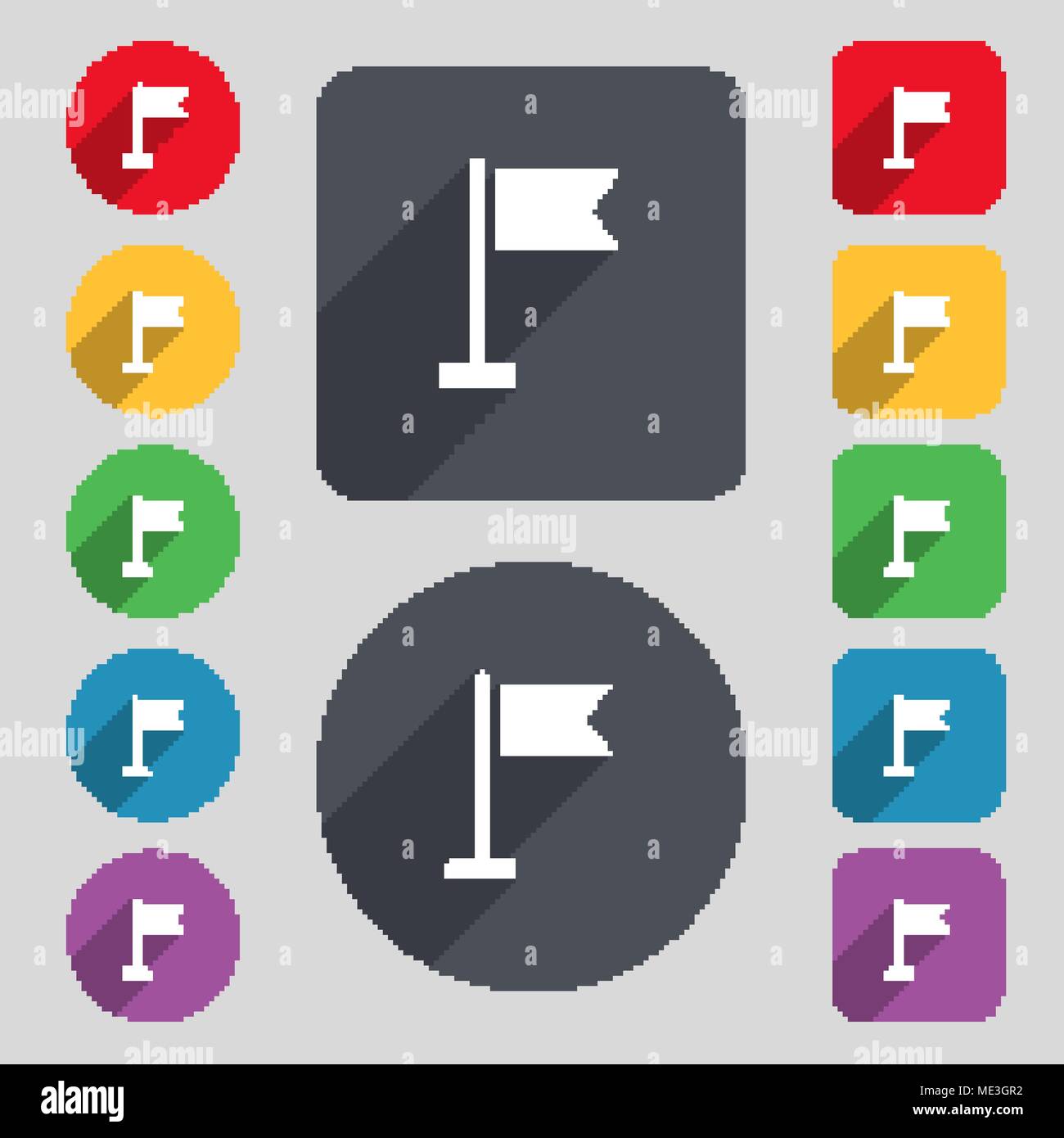 flag icon sign. A set of 12 colored buttons and a long shadow. Flat ...