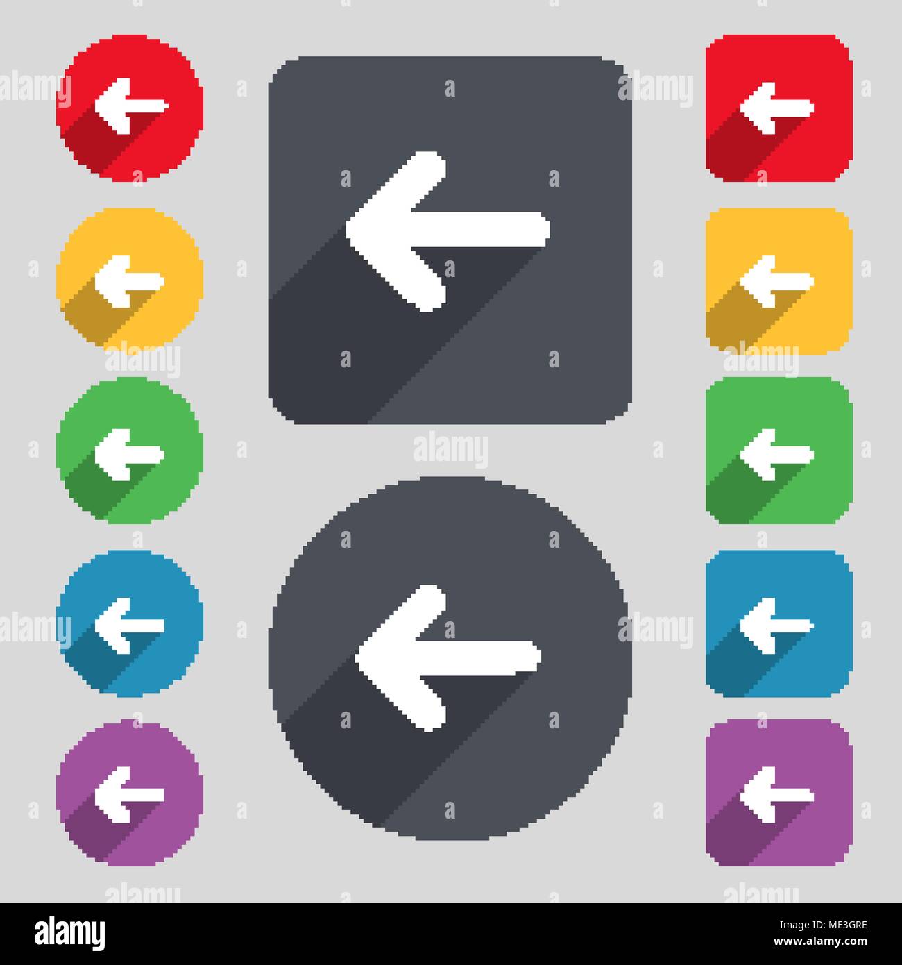 Arrow left, Way out icon sign. A set of 12 colored buttons and a long ...