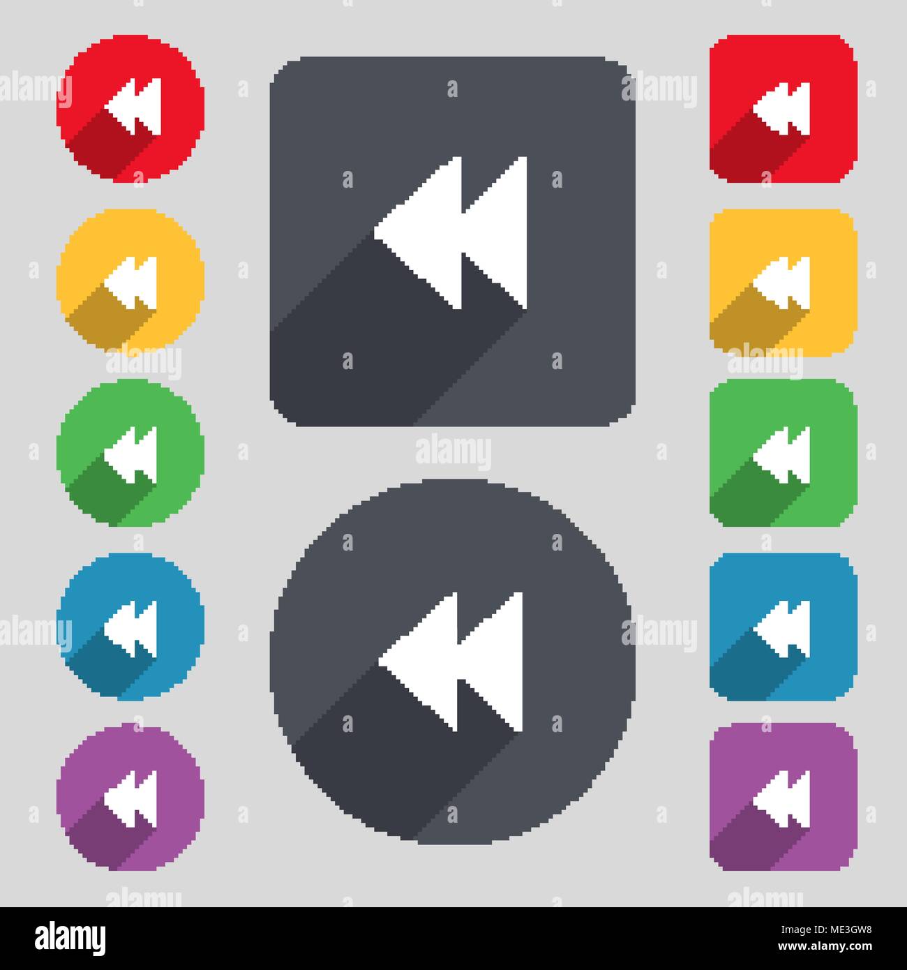 rewind icon sign. A set of 12 colored buttons and a long shadow. Flat ...