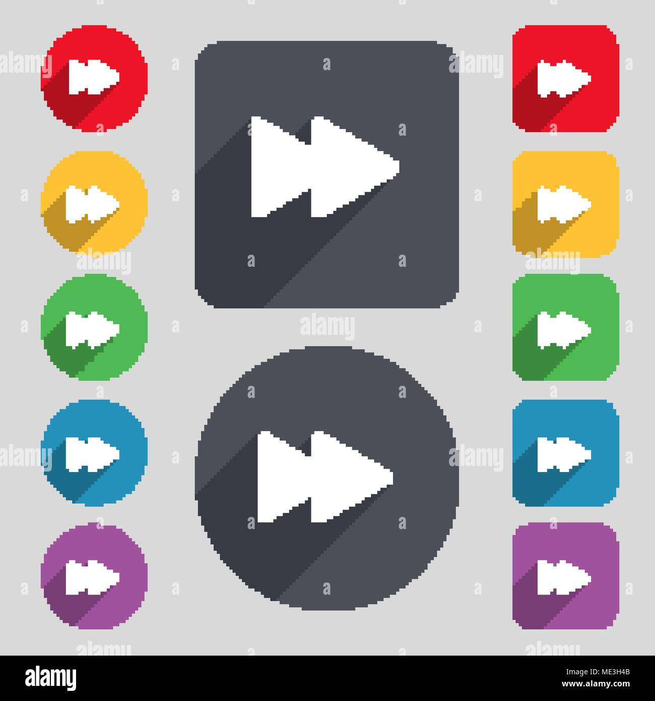rewind icon sign. A set of 12 colored buttons and a long shadow. Flat ...