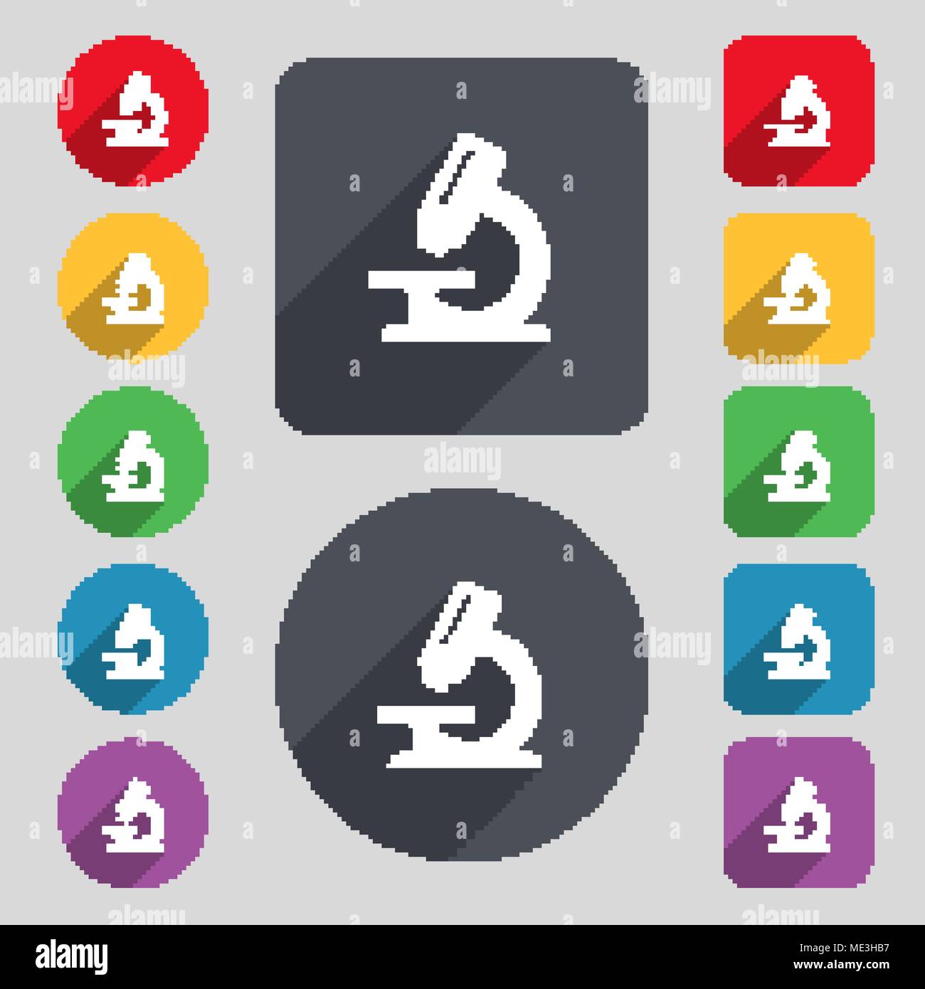 microscope icon sign. A set of 12 colored buttons and a long shadow ...