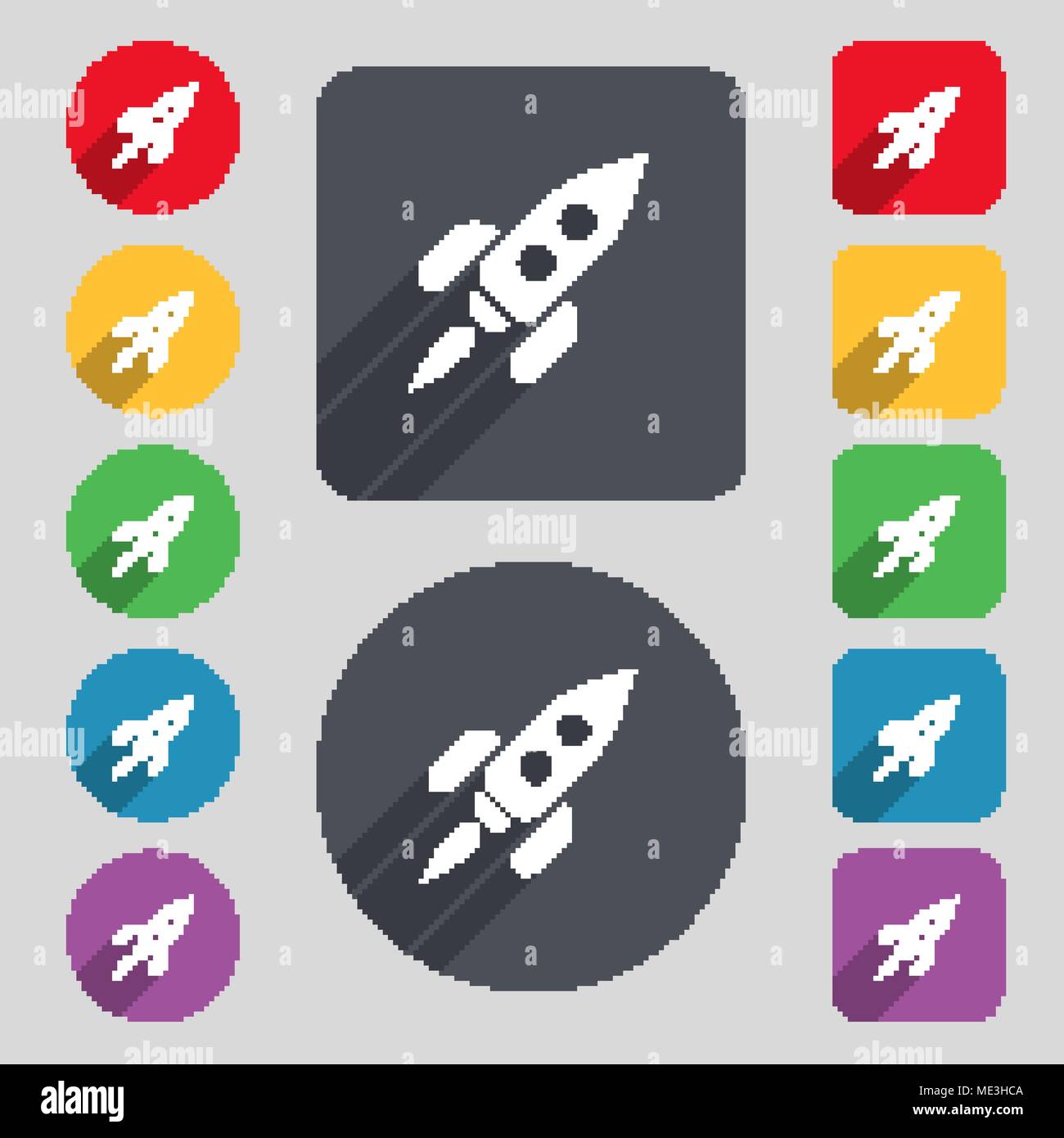 Rocket icon sign. A set of 12 colored buttons and a long shadow. Flat ...