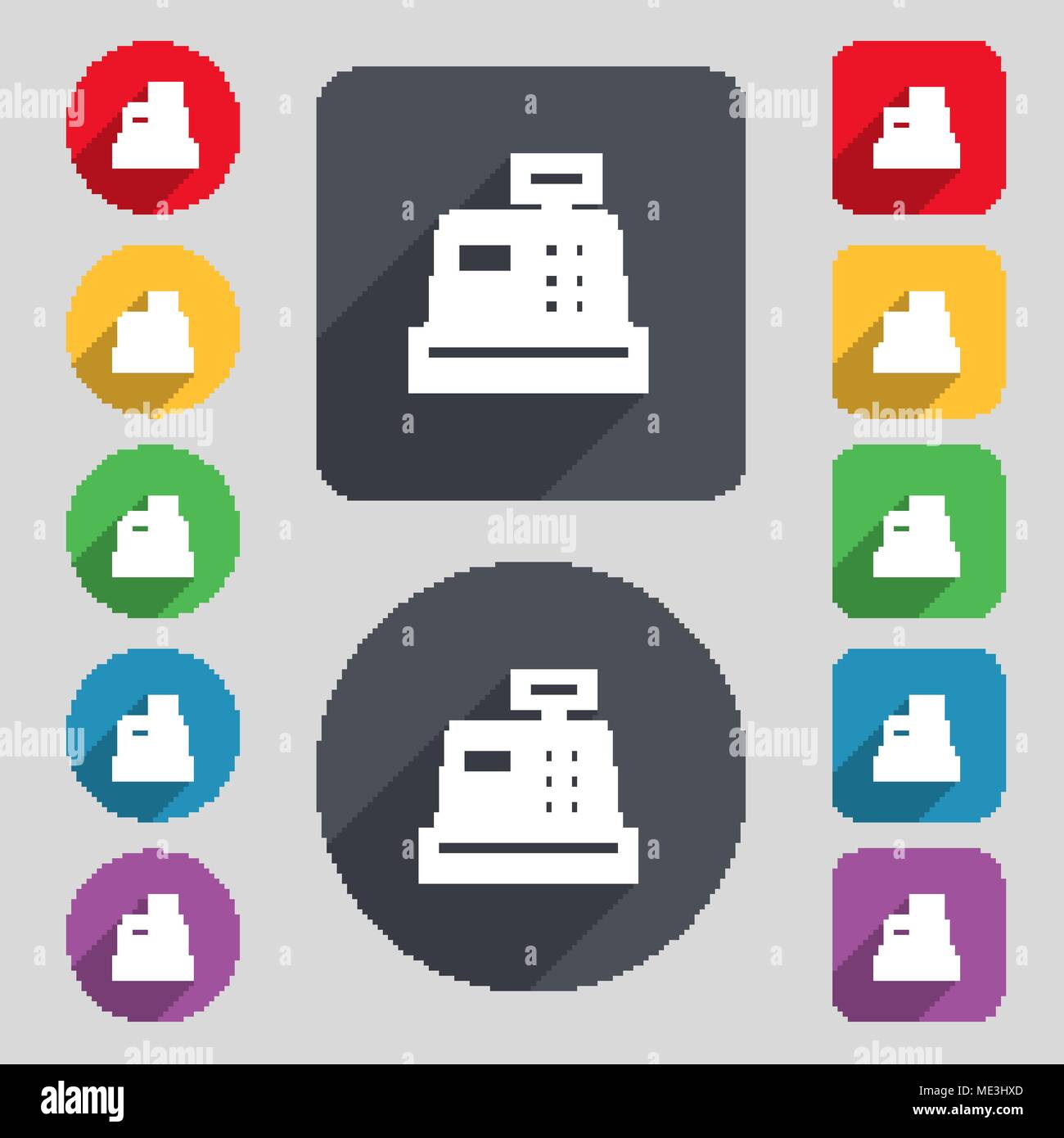 Cash register icon sign. A set of 12 colored buttons and a long shadow ...
