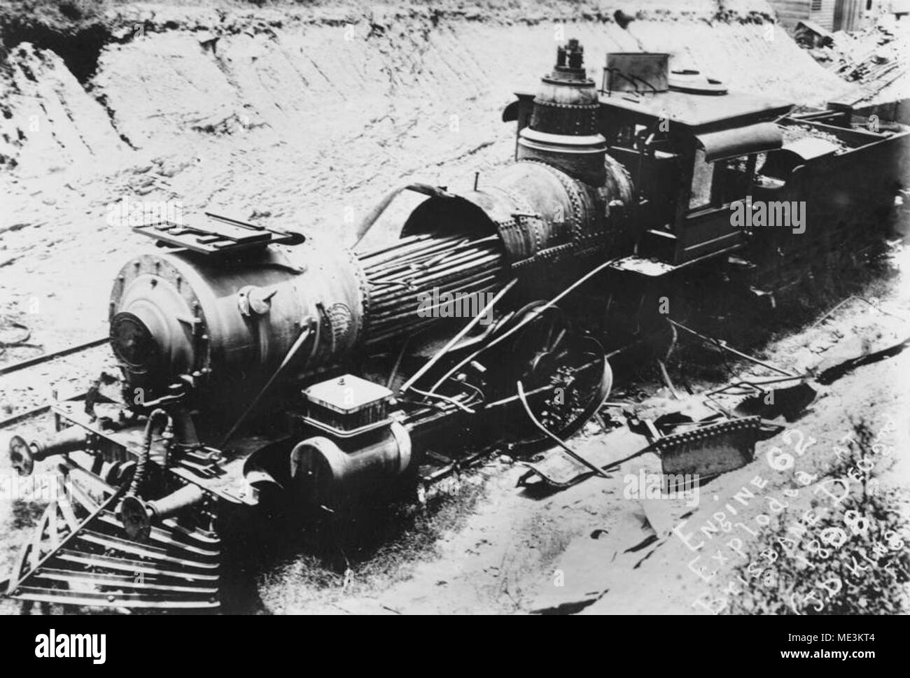 Wrecked steam locomotive after its boiler exploded, Brisbane, 1898. Stock Photo