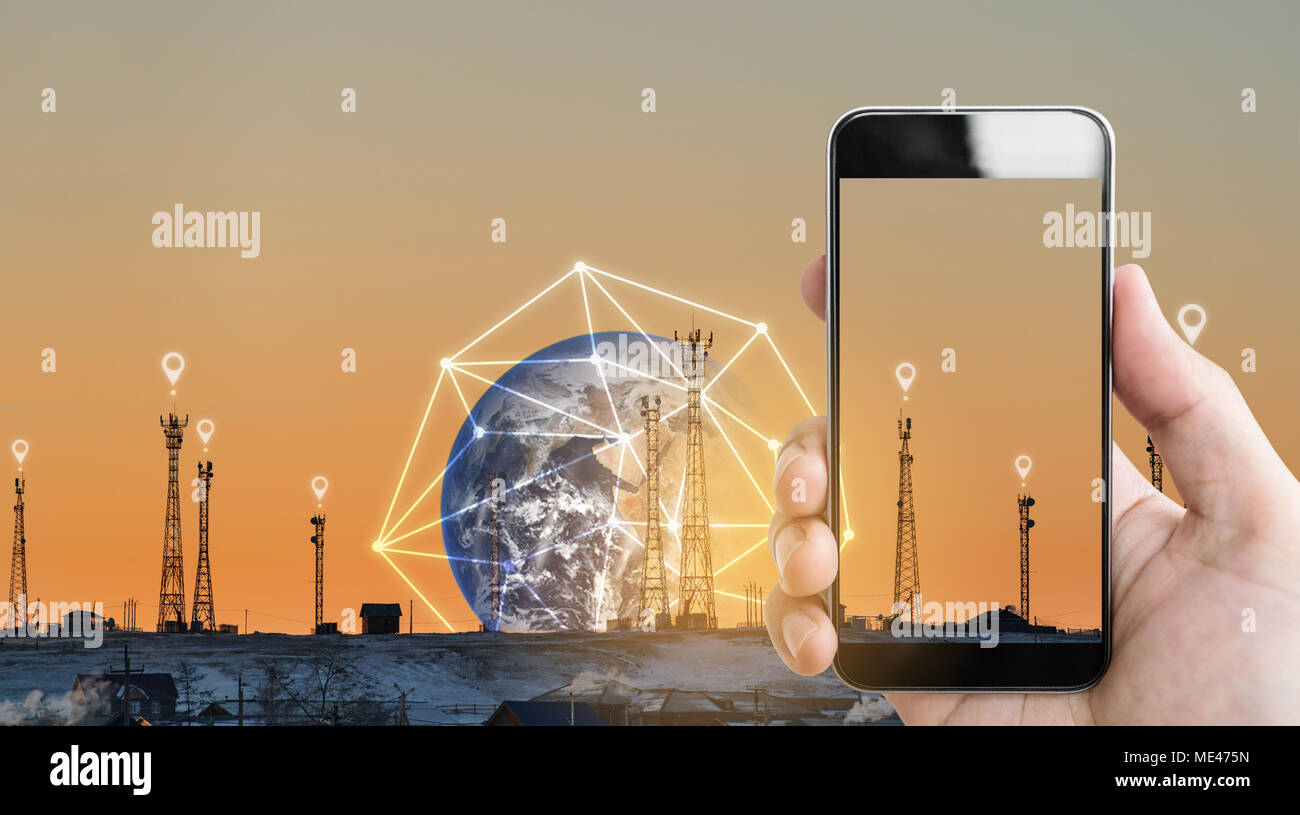 Hand holding mobile smartphone, and telecommunication towers with location signs and global network connection. Element of this image are furnished by Stock Photo
