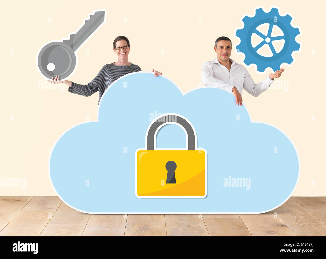 People holding cloud and security icons Stock Photo