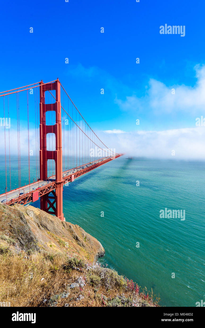 Golden Gate Bridge in clouds on a beautiful summer day - Panoramic view ...