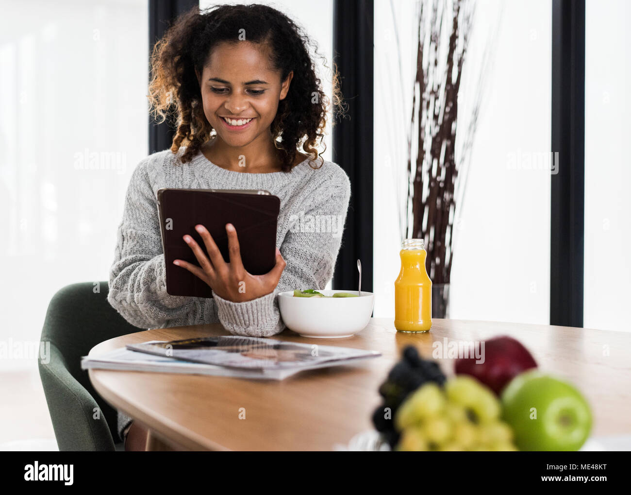 Healthy lifestyle woman using a tablet Stock Photo